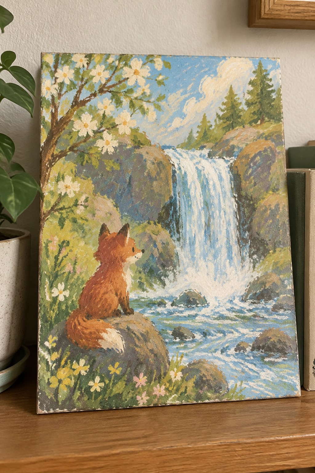 Red fox sits on rock by cascading waterfall amid blooming trees and flowers.
