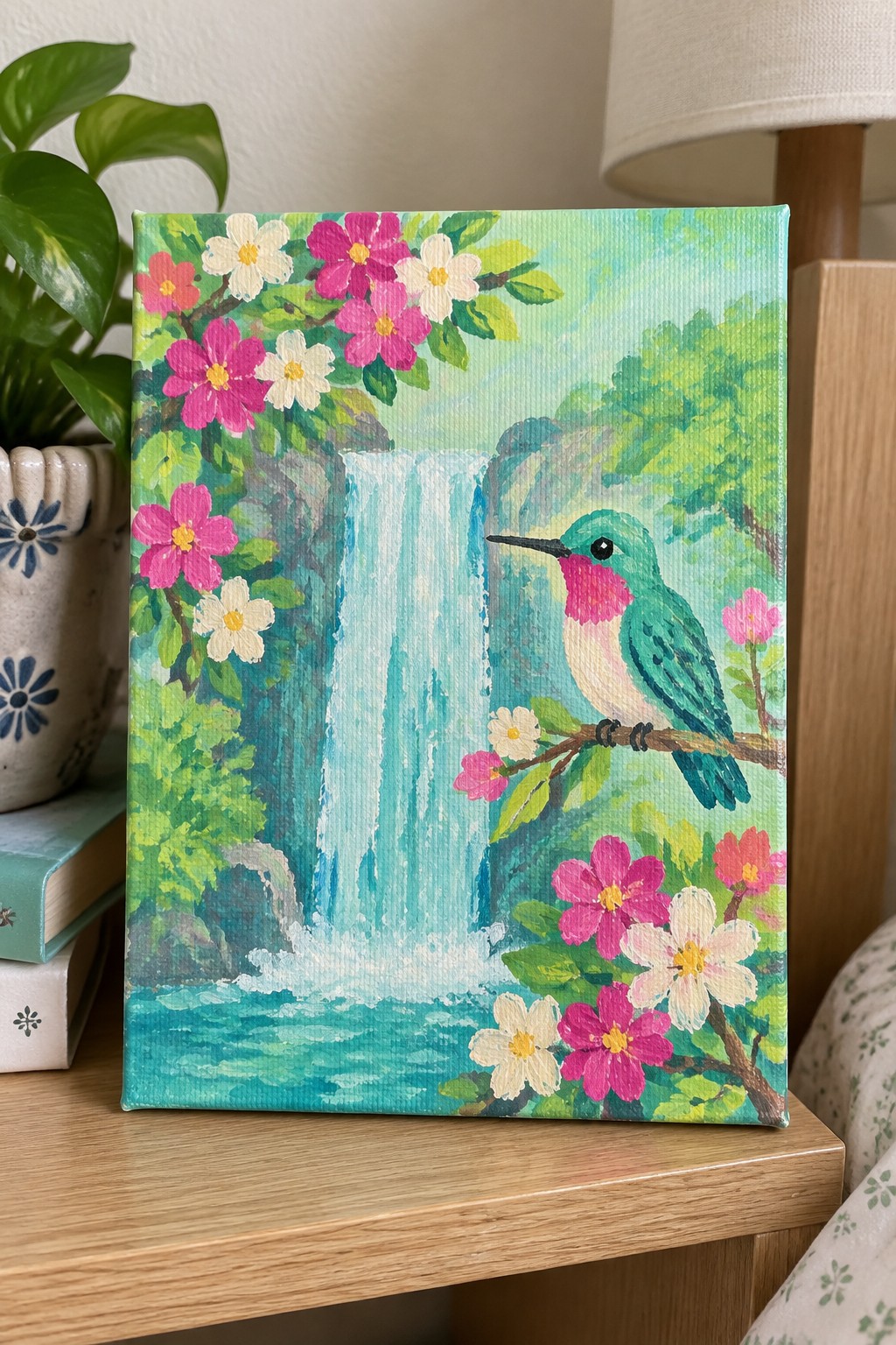 Vibrant painting of hummingbird perched by waterfall amid pink flowers and green foliage