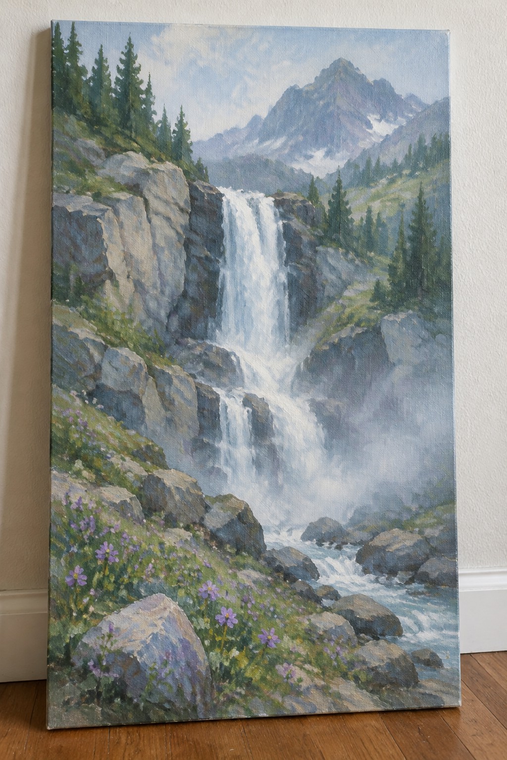 Oil painting of misty waterfall cascading down rocky cliffs amid mountains and purple wildflowers