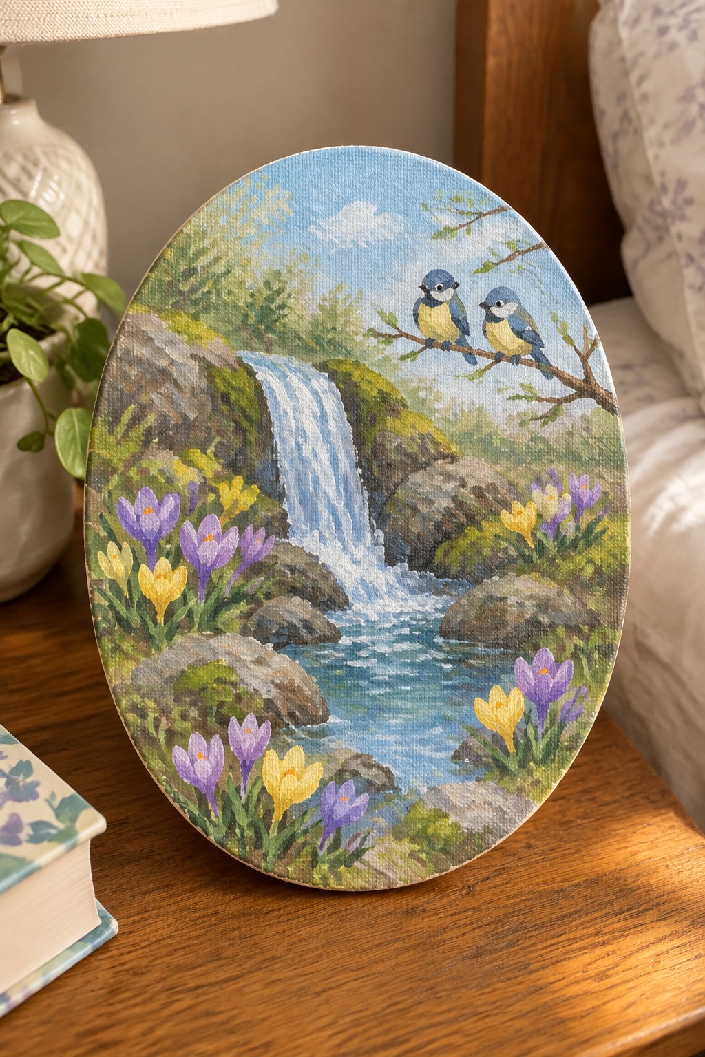Oval painting of waterfall, stream, rocks, purple crocuses, yellow flowers, and two birds.