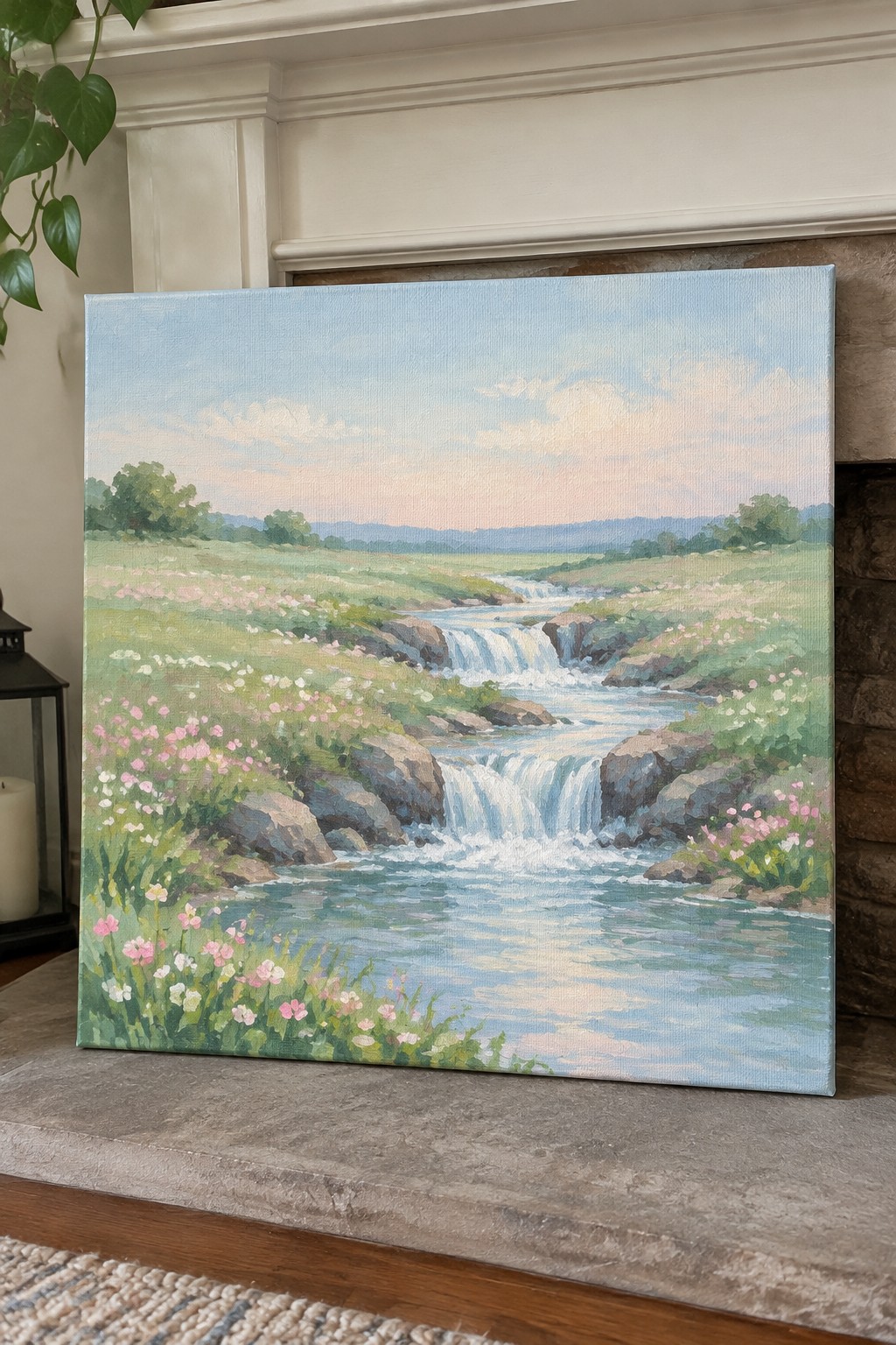 Landscape painting of cascading river through pink wildflower meadows and rolling hills