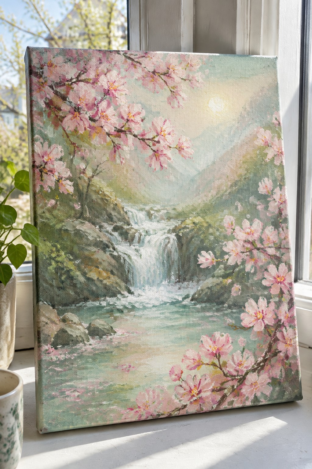A canvas painting of pink cherry blossoms framing a waterfall and river with mountains in soft spring colors, leaning on a windowsill.