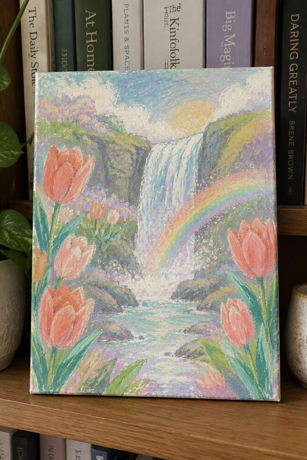 Colorful pastel painting of waterfall with rainbow and pink tulips on bookshelf
