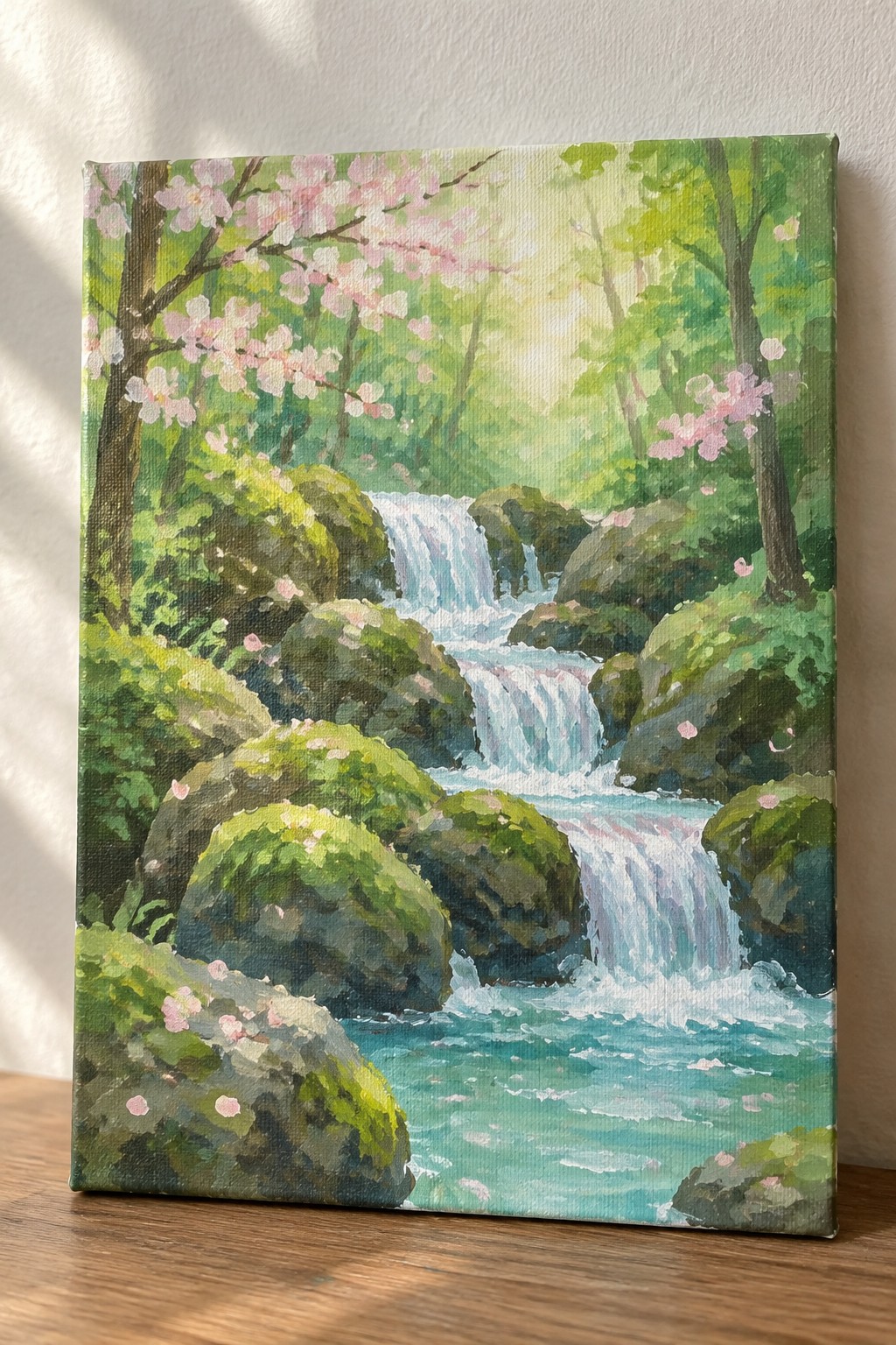 Vibrant painting of cascading waterfall amid mossy rocks and pink cherry blossoms in sunlit forest