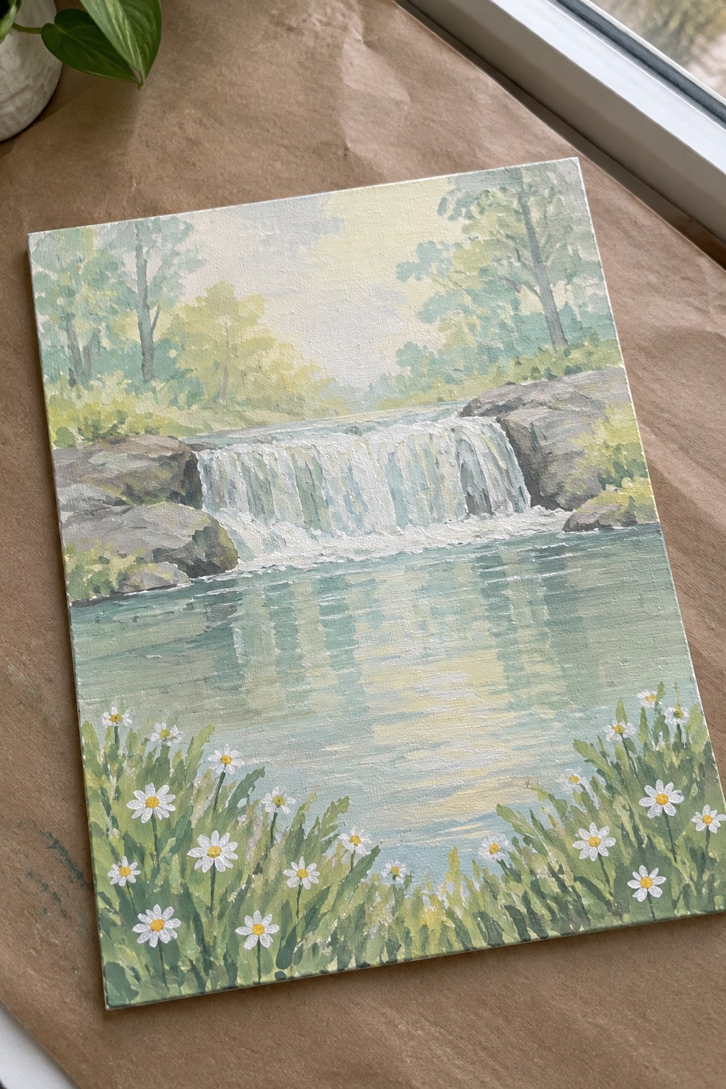 Pastel painting of a waterfall with rocks, trees, and white daisies in foreground