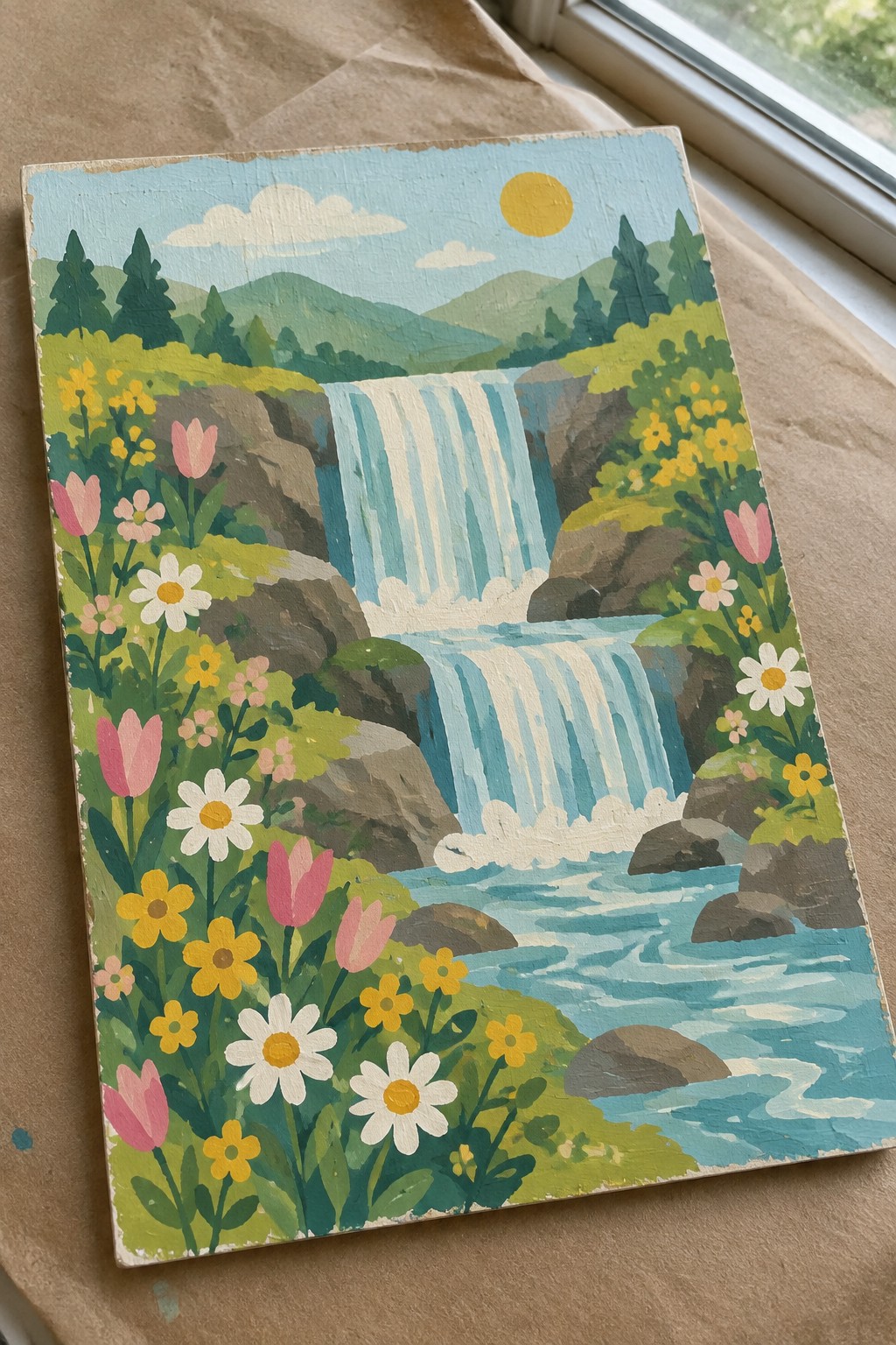 Vibrant painting of cascading waterfall amid pink tulips, daisies, and green mountains.