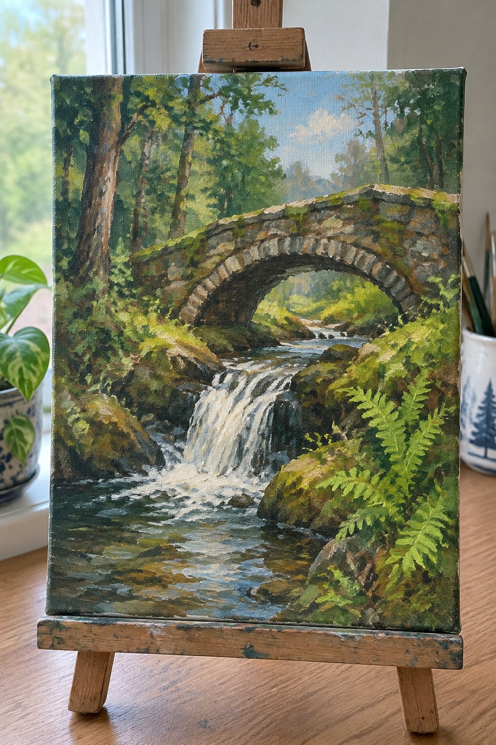 Landscape oil painting on easel shows arched stone bridge over forest stream and waterfall