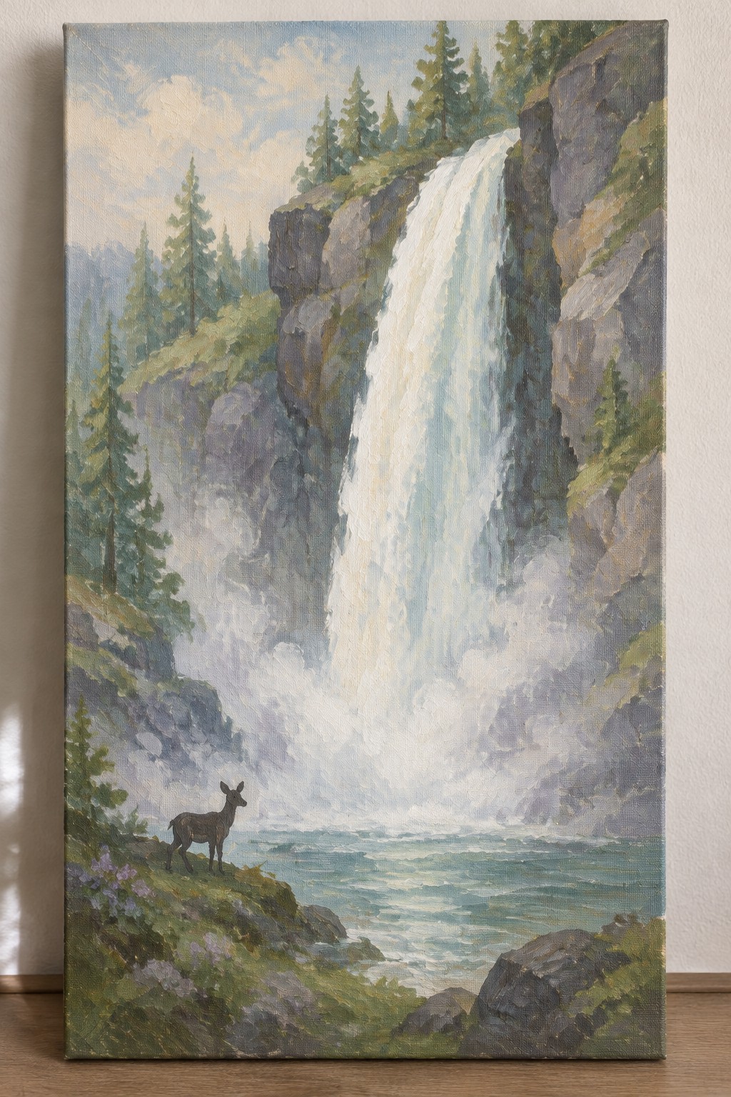 Oil painting of cascading waterfall with deer on ledge by misty waters