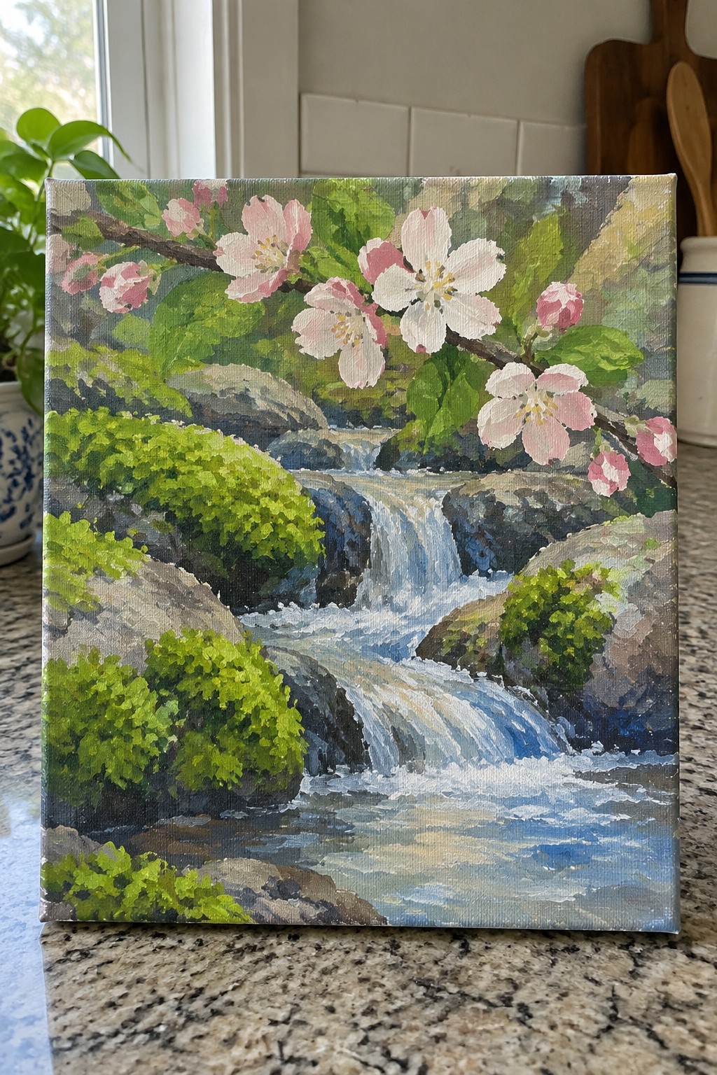 Painting of cascading stream, rocks, green bushes and pink-white blossoms on canvas