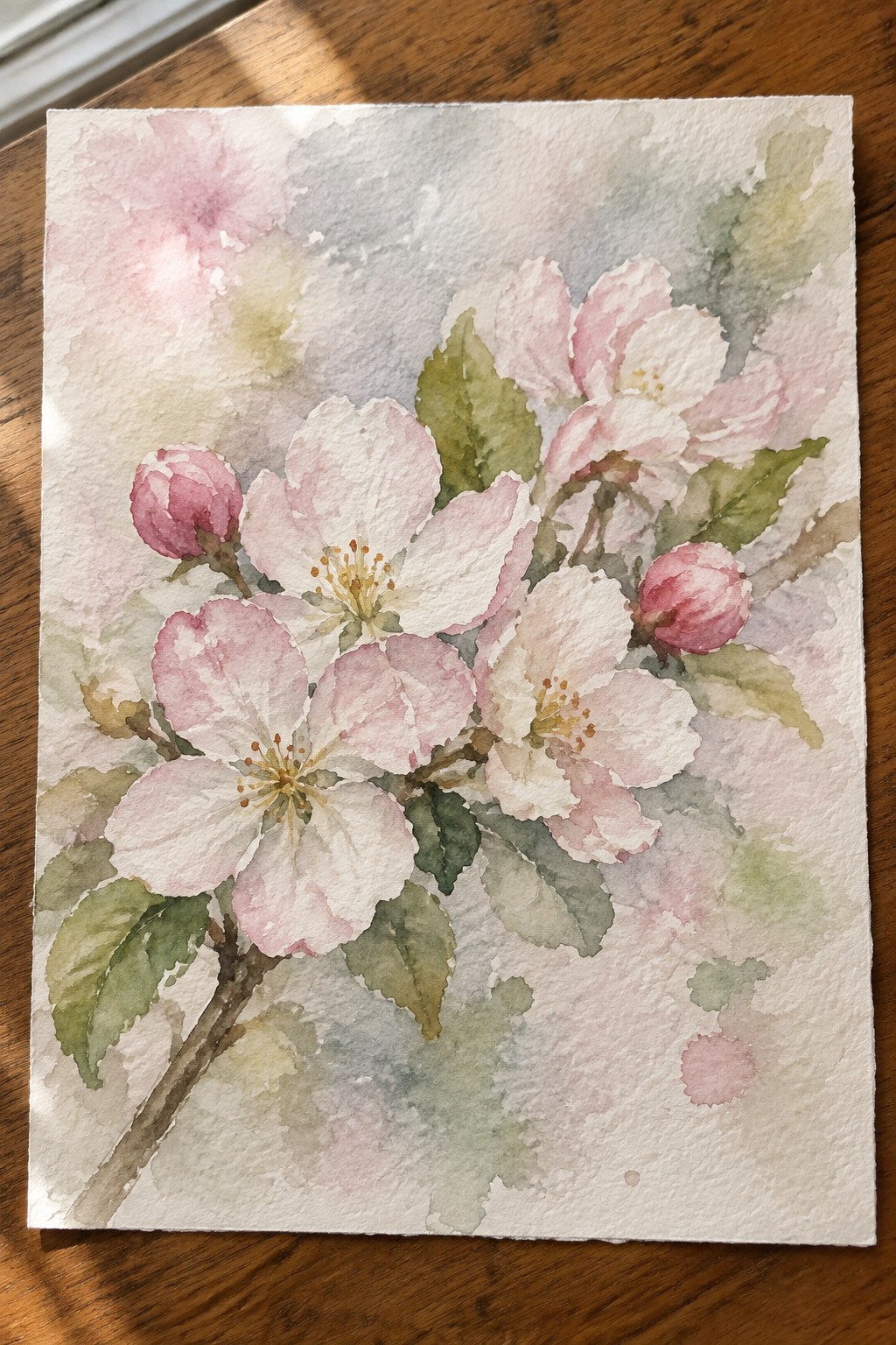 Watercolor of pink and white blossoms with buds and green leaves on a branch