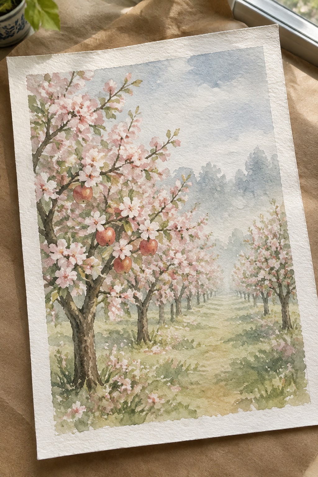 Watercolor of misty orchard path lined with pink-blossomed trees bearing red apples