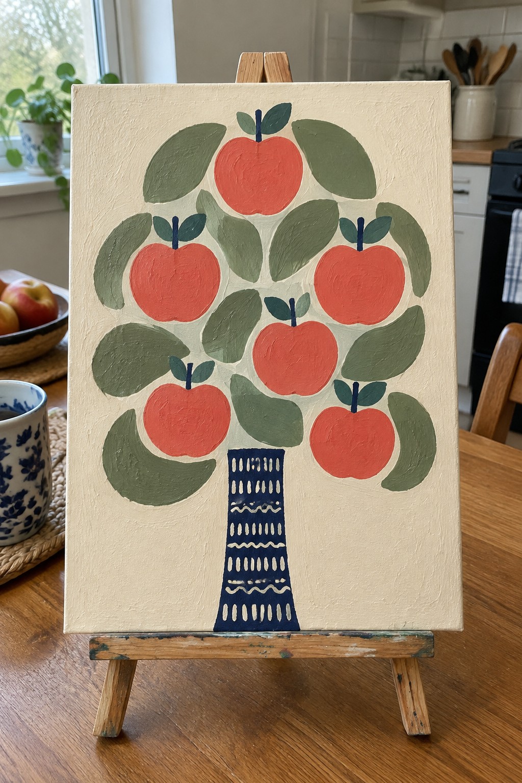 Painting of red apple tree with green leaves and patterned blue trunk on wooden easel.