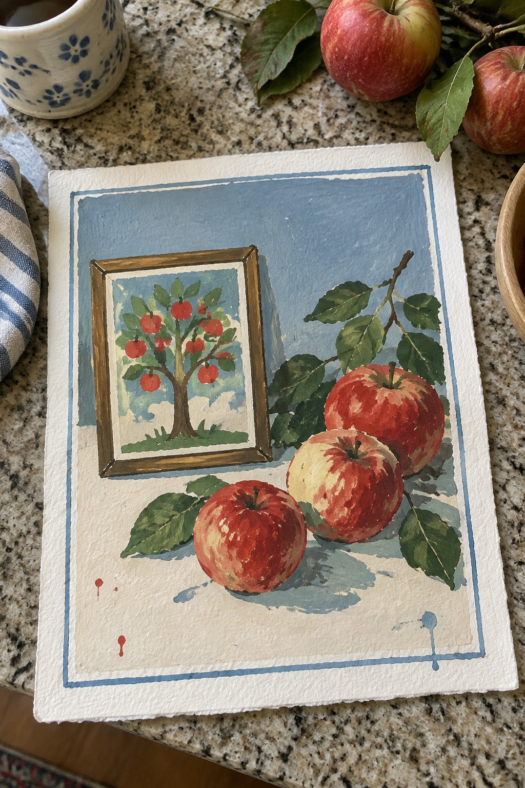 Watercolor still life of red apples beside framed tree painting on paper