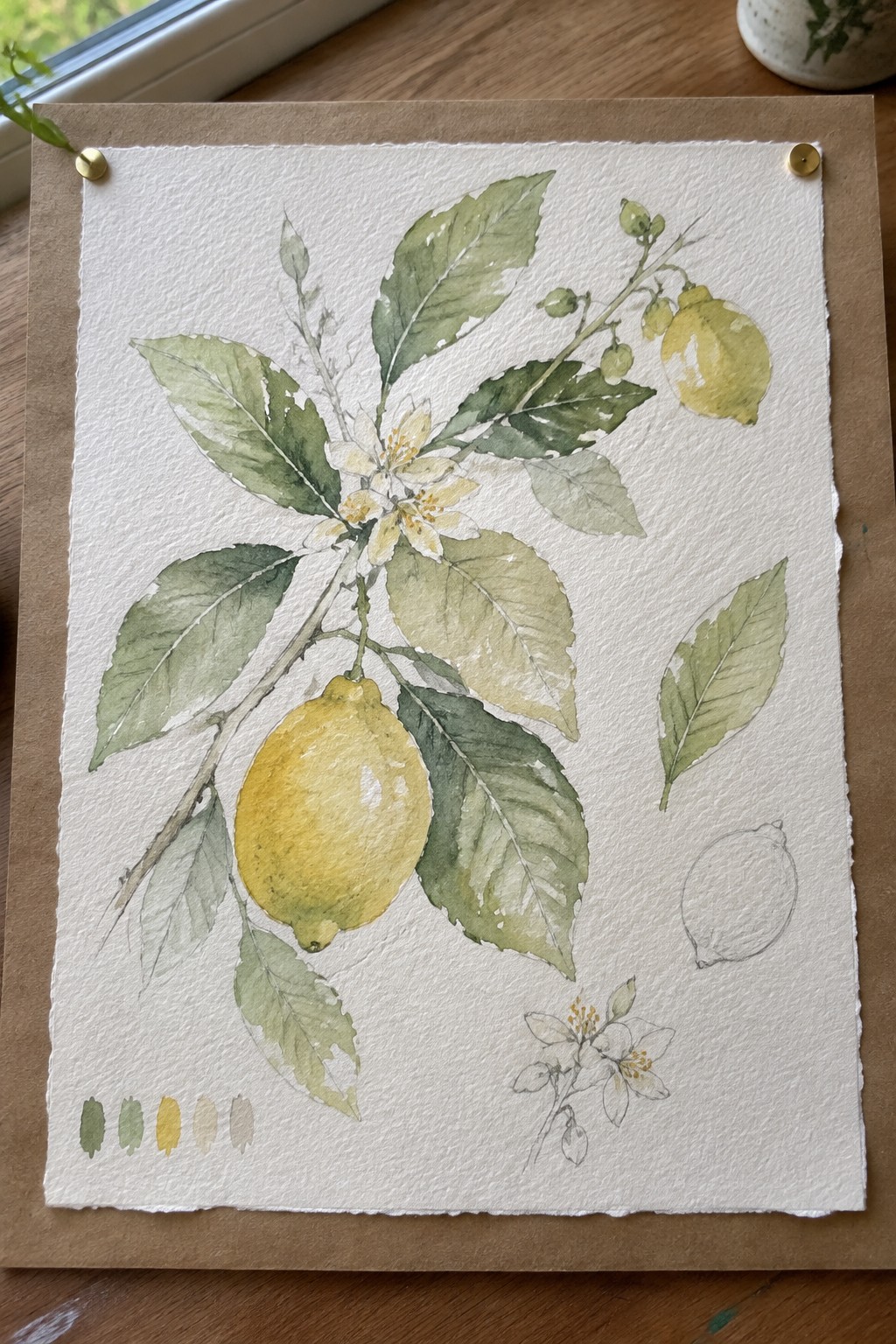 Watercolor lemon branch with yellow fruit, green leaves, white flowers, color swatches, and sketches.