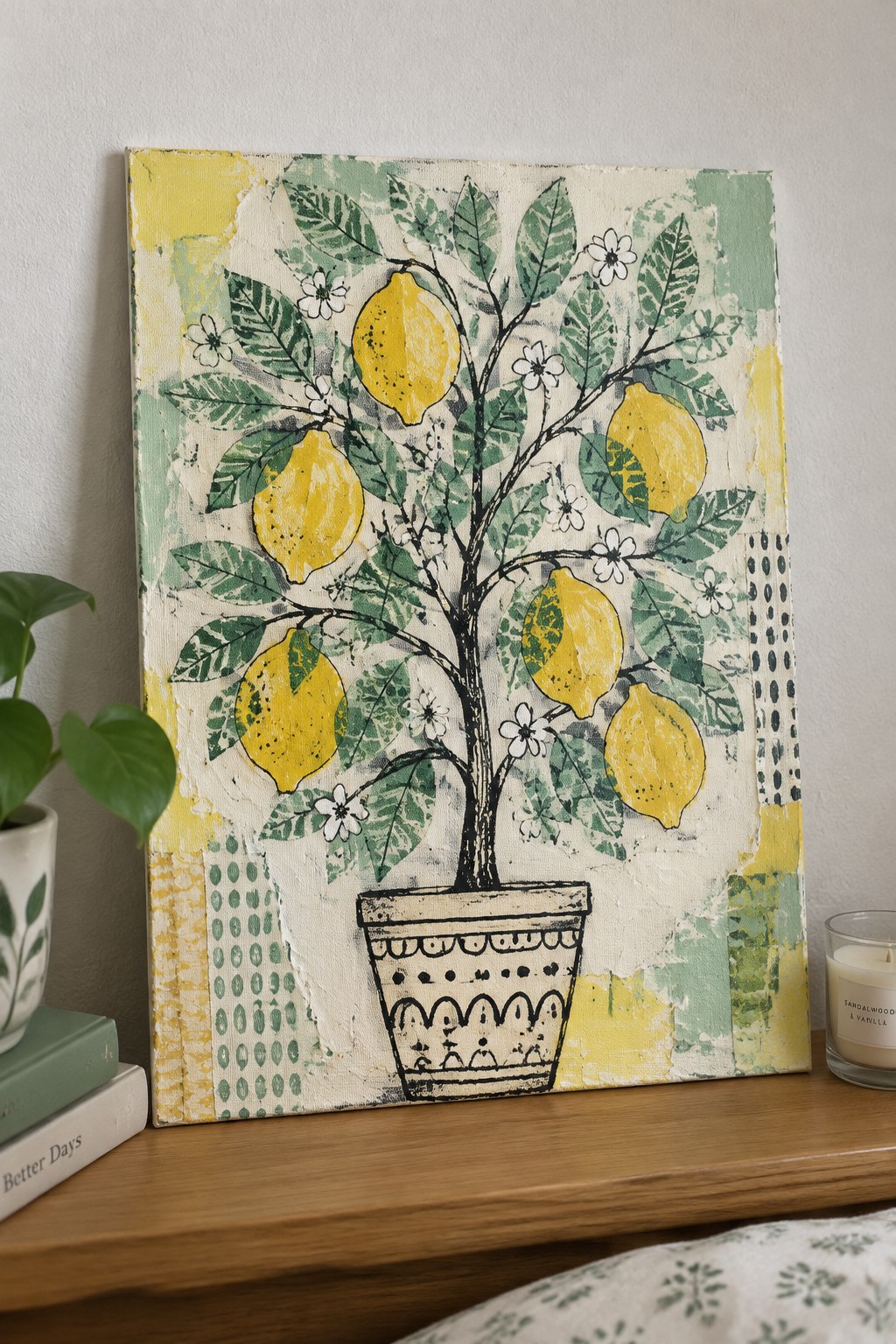 Colorful lemon tree painting with yellow fruits, green leaves, and white flowers on canvas