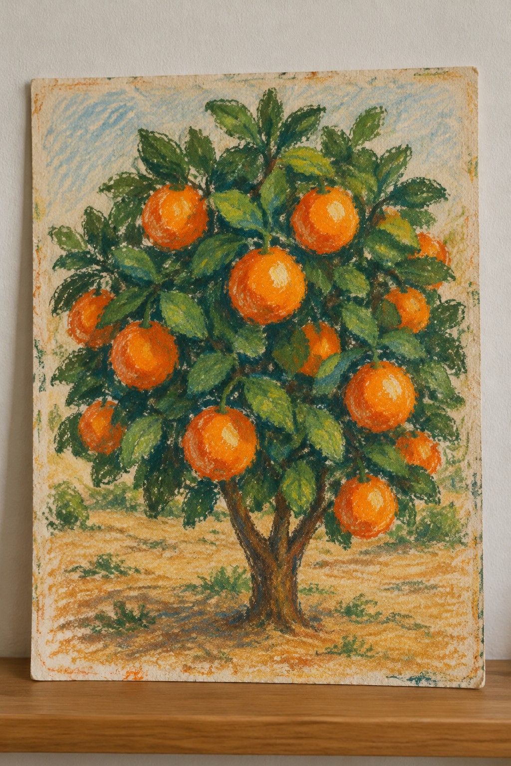 Pastel painting of an orange tree laden with ripe fruits and green leaves