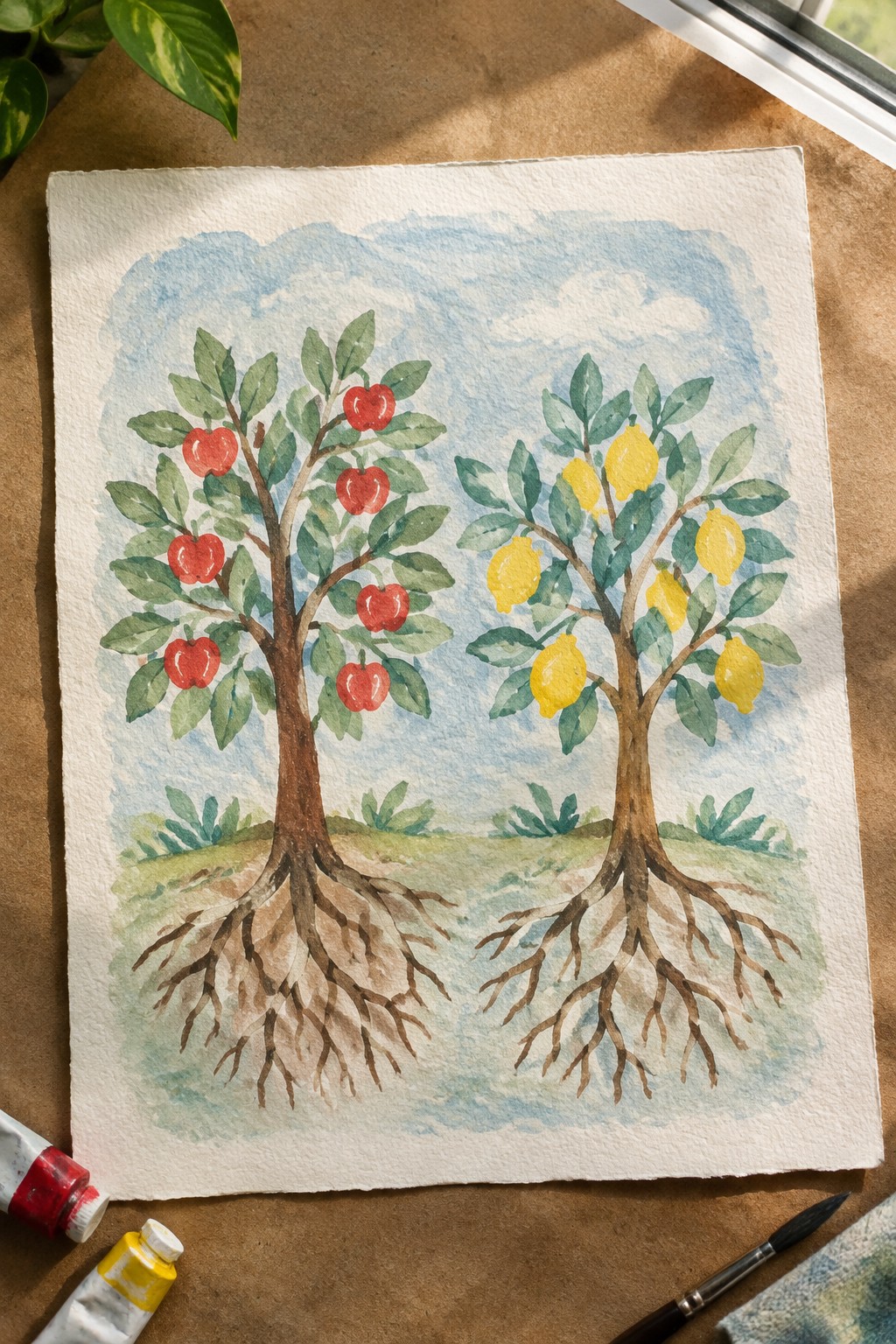 Watercolor of red apple tree beside yellow lemon tree with exposed roots and supplies