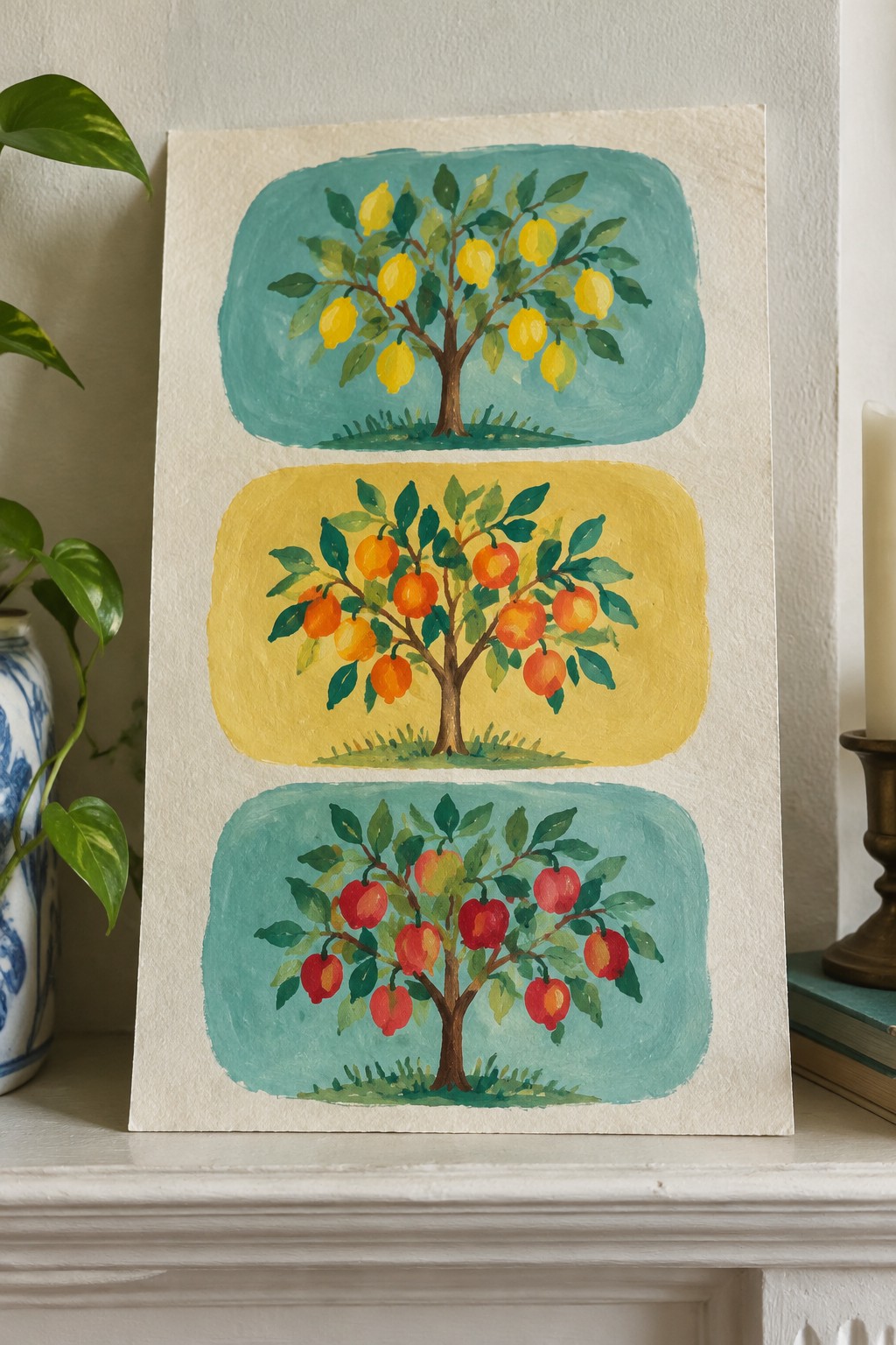 A painting of three fruit trees stacked vertically on one sheet, showing a lemon tree in a teal panel, an orange tree in a yellow panel, and an apple tree in a teal panel.