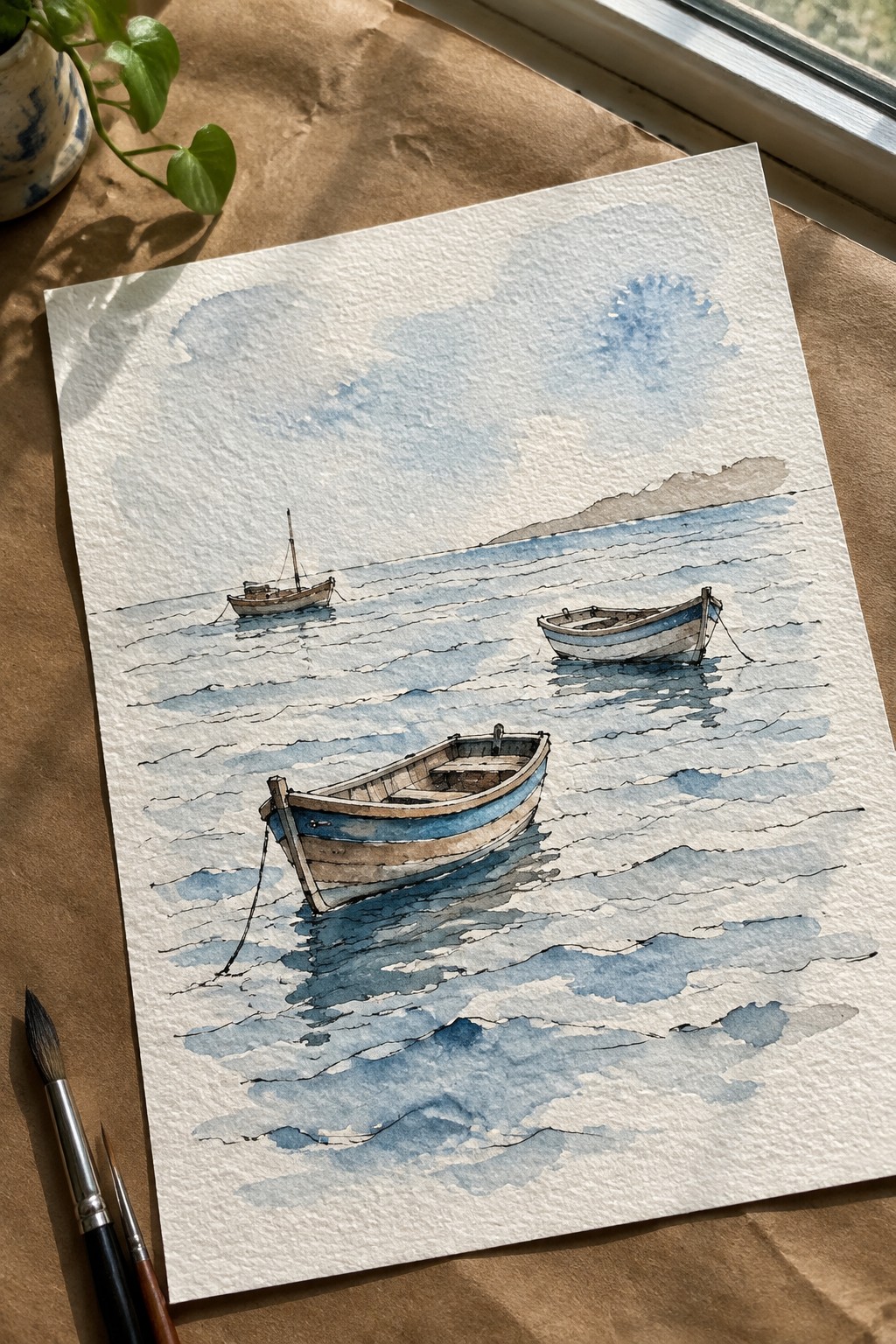 Watercolor of three boats on rippled blue sea, paintbrush beside paper on brown surface