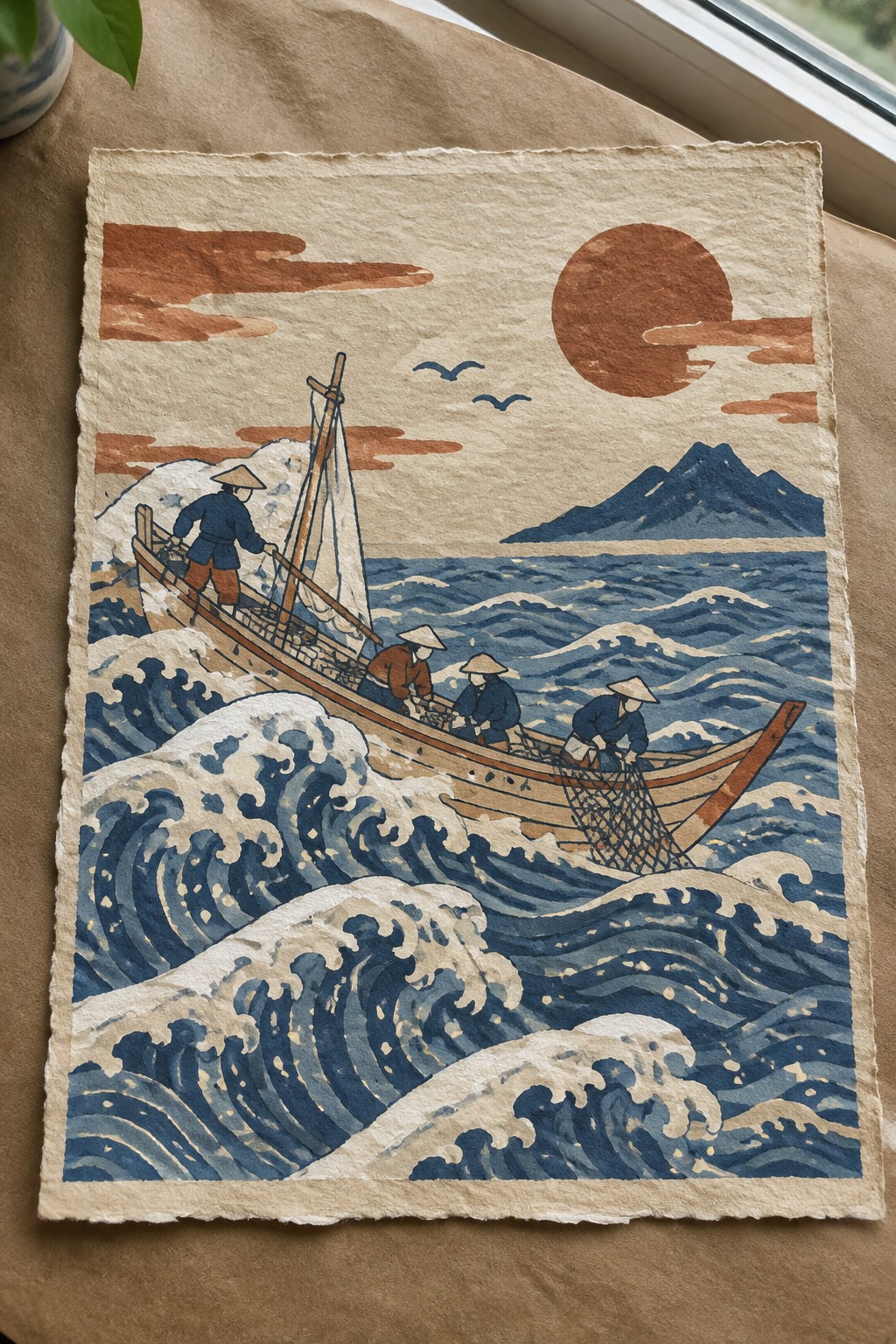 Three conical-hatted fishermen haul nets from a boat on stormy blue waves under an orange sun.