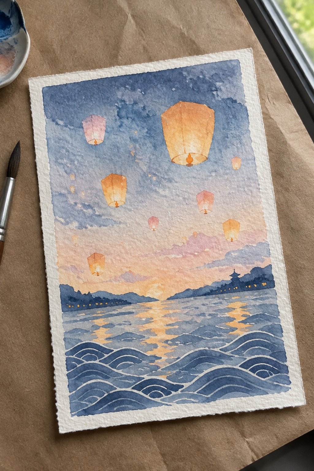 Watercolor painting of glowing sky lanterns over sunset waves with distant pagoda and mountains.