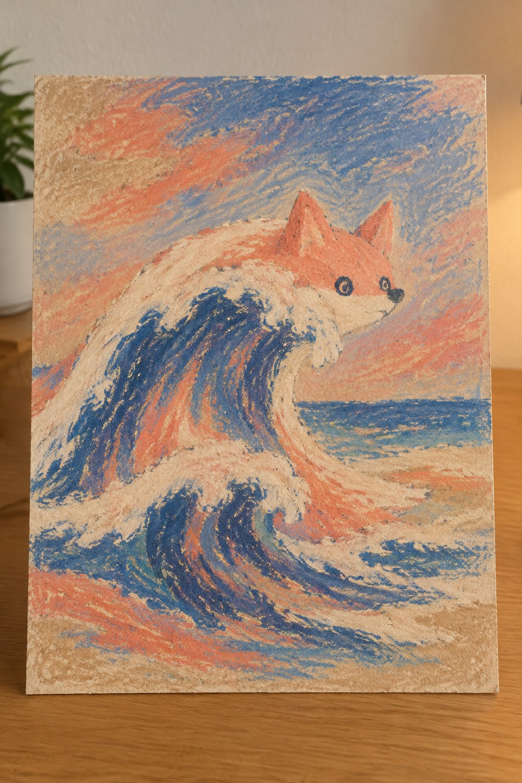 A pastel painting of an orange fox with its head above a large stylized blue and white wave on a textured paper background.