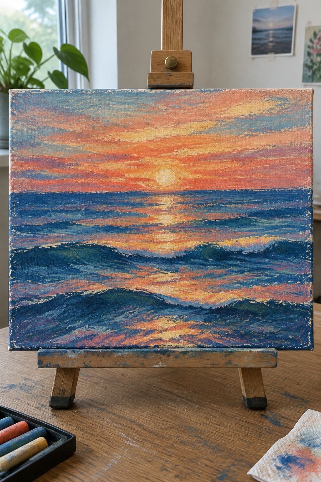 Vibrant sunset seascape painting on wooden easel with ocean waves and sun