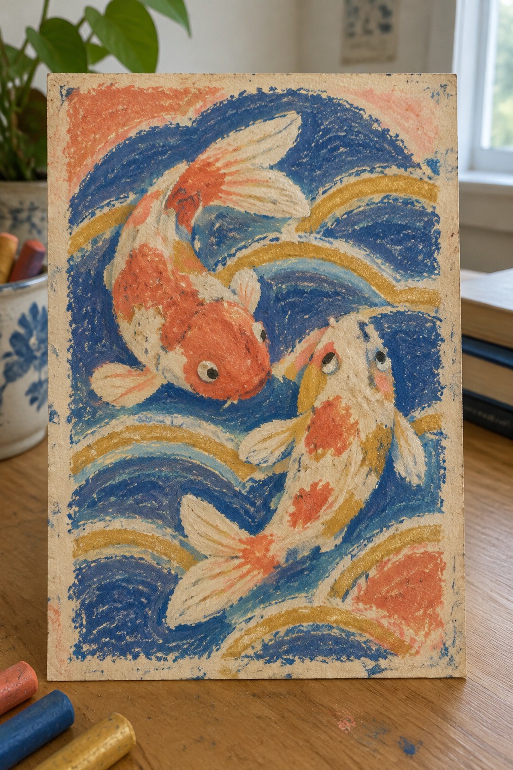 Two colorful koi fish in swirling blue waves with gold accents on textured paper