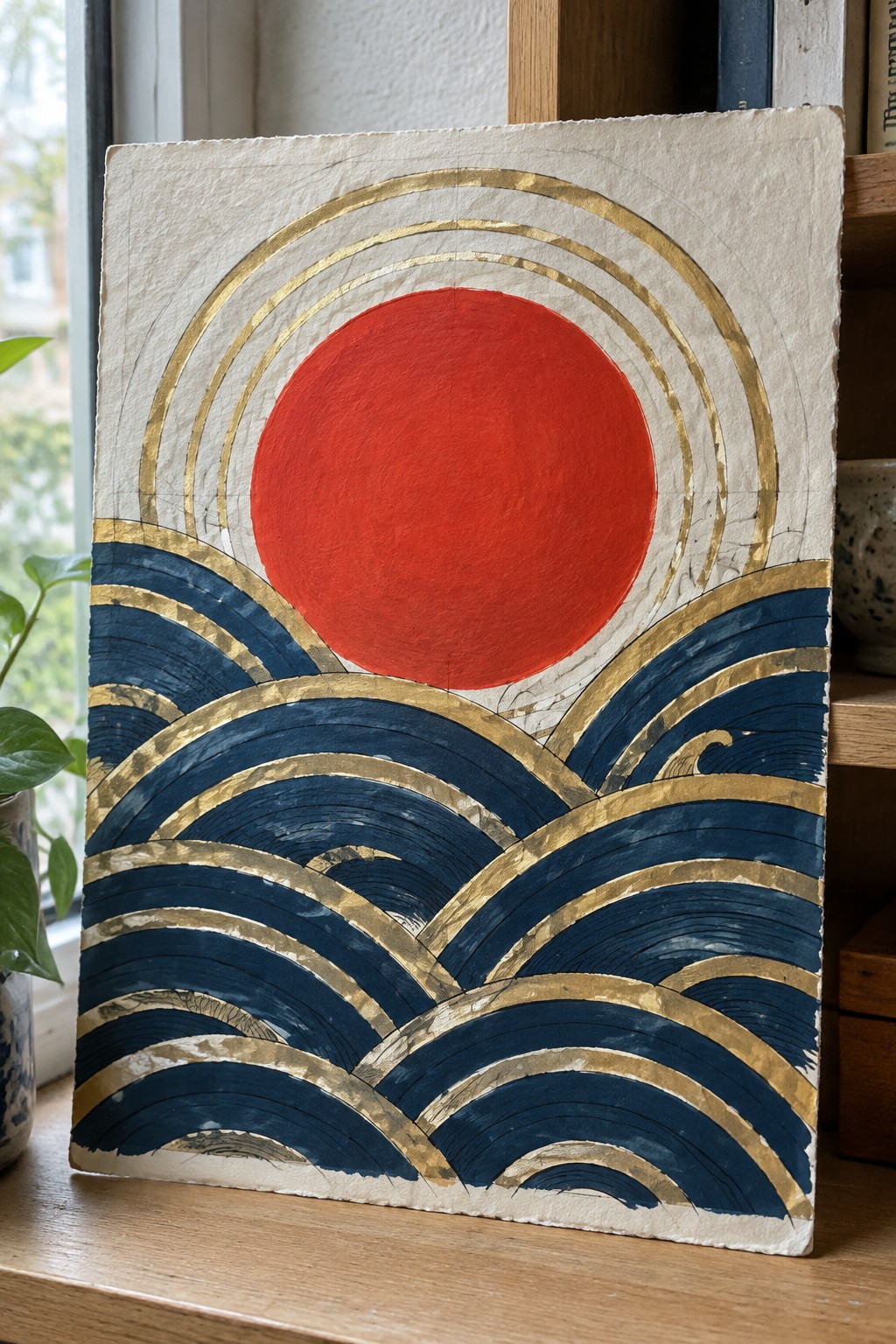 Red sun with gold rings above blue waves with gold accents on paper