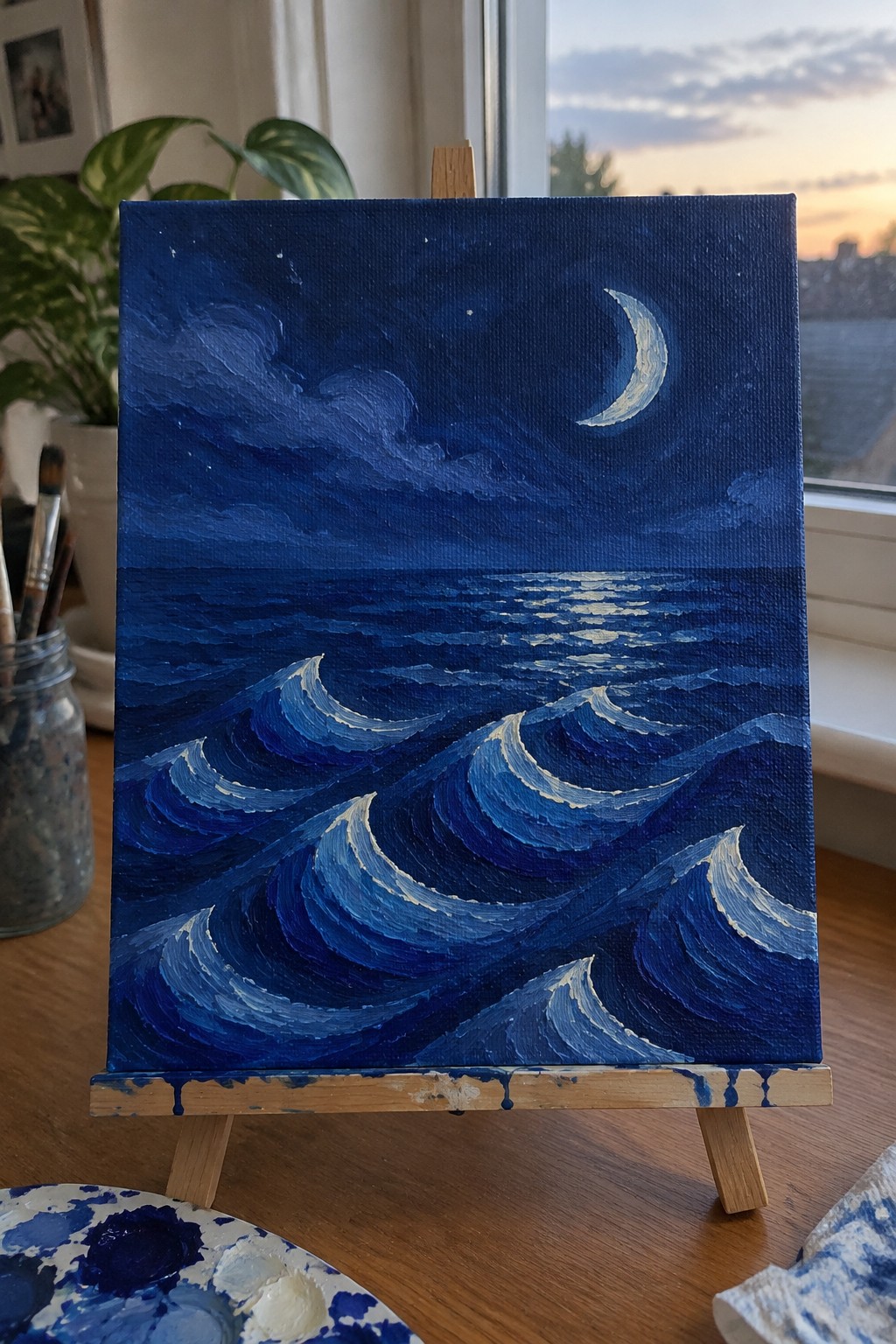 Blue seascape painting with crescent moon and white-capped waves on wooden easel