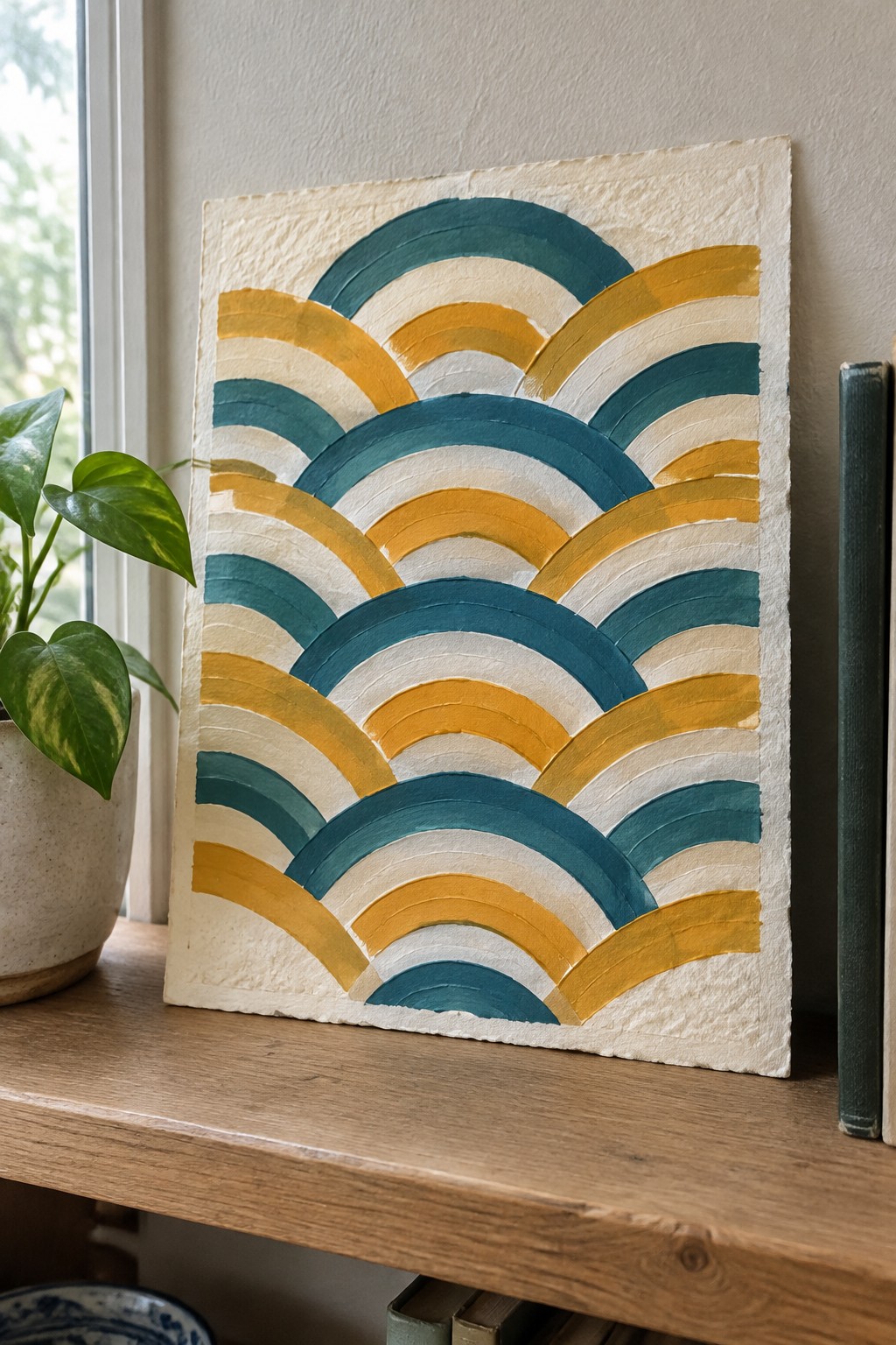 Teal and yellow wave pattern painting on textured paper beside potted plant