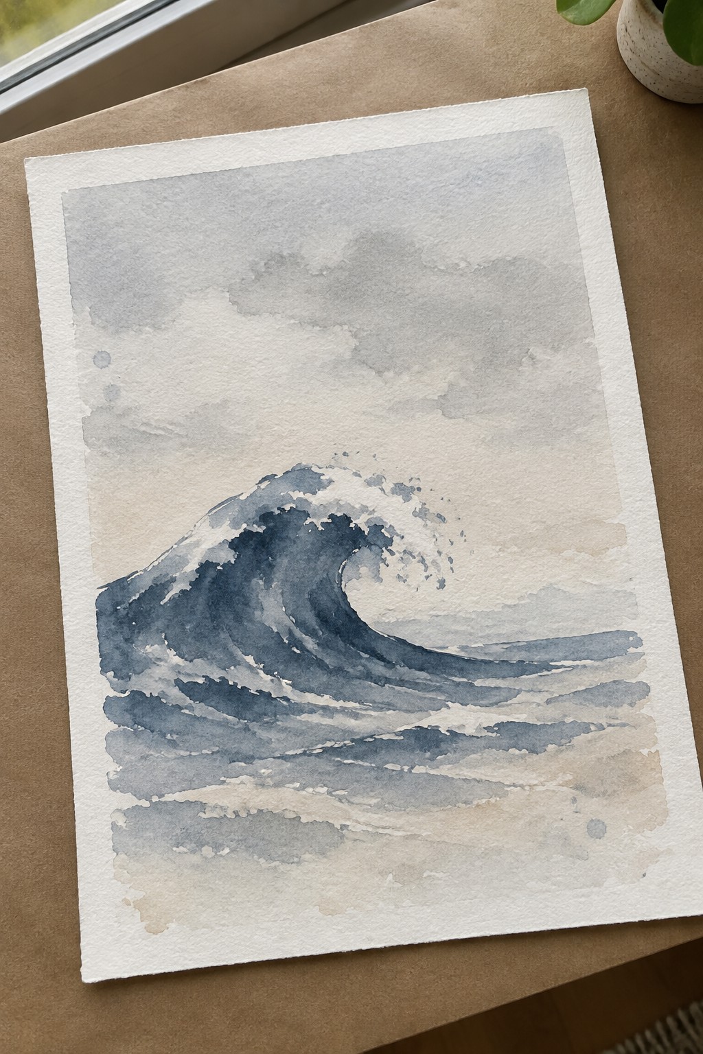 Watercolor painting of curling blue ocean wave with white foam on paper.