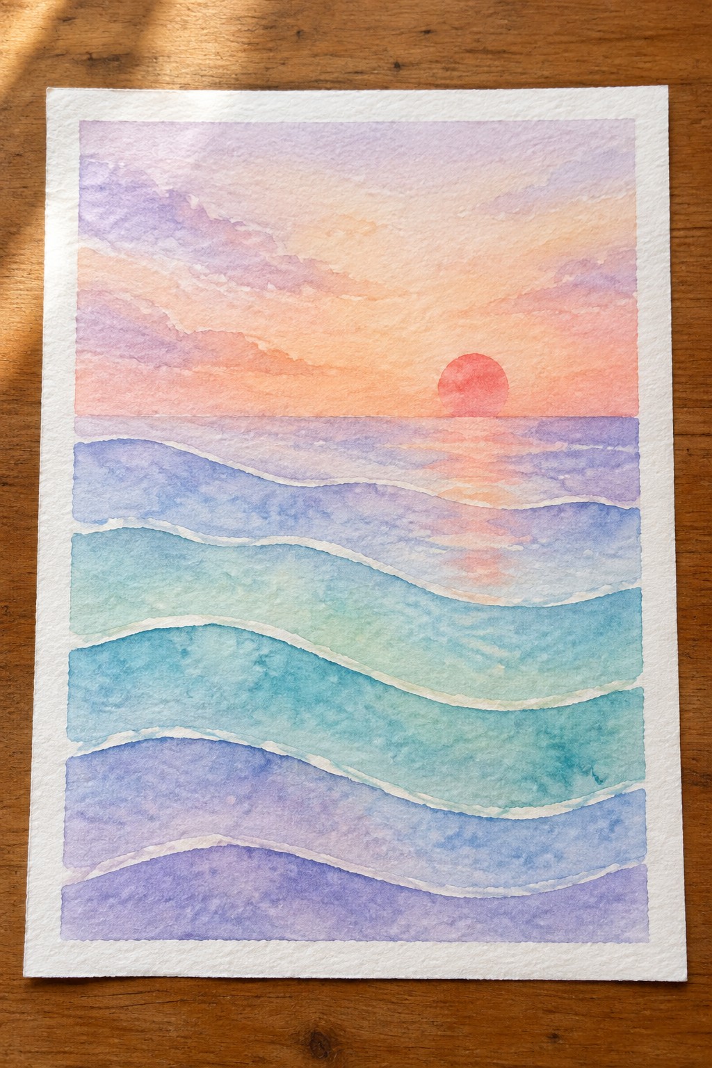 Watercolor seascape of layered waves under pastel sunset sky with red sun.