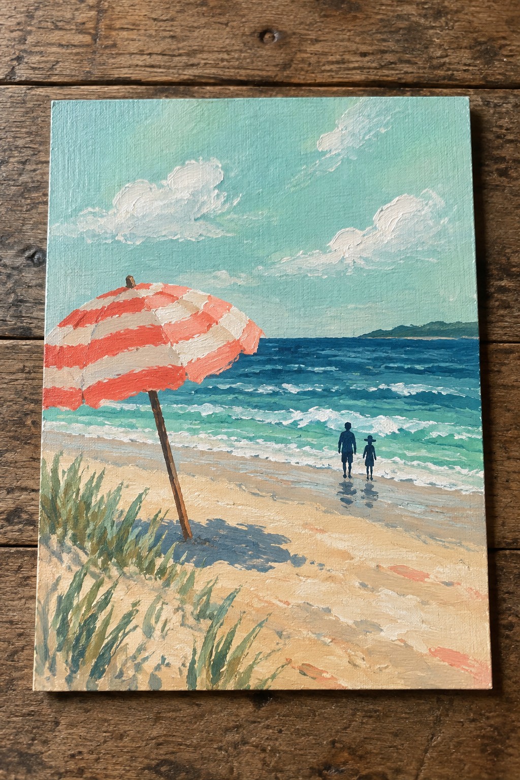Sandy beach with red-striped umbrella and two figures facing blue-green ocean waves