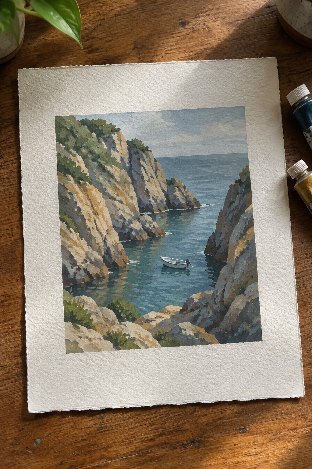 Watercolor painting of white boat in narrow cove between steep rocky cliffs