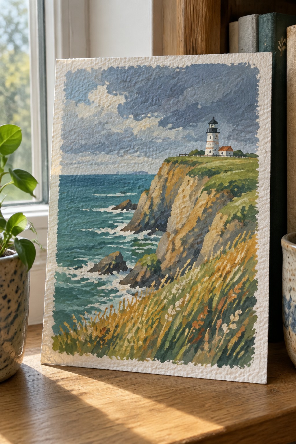 Lighthouse painting on grassy cliff above blue ocean with waves under cloudy sky