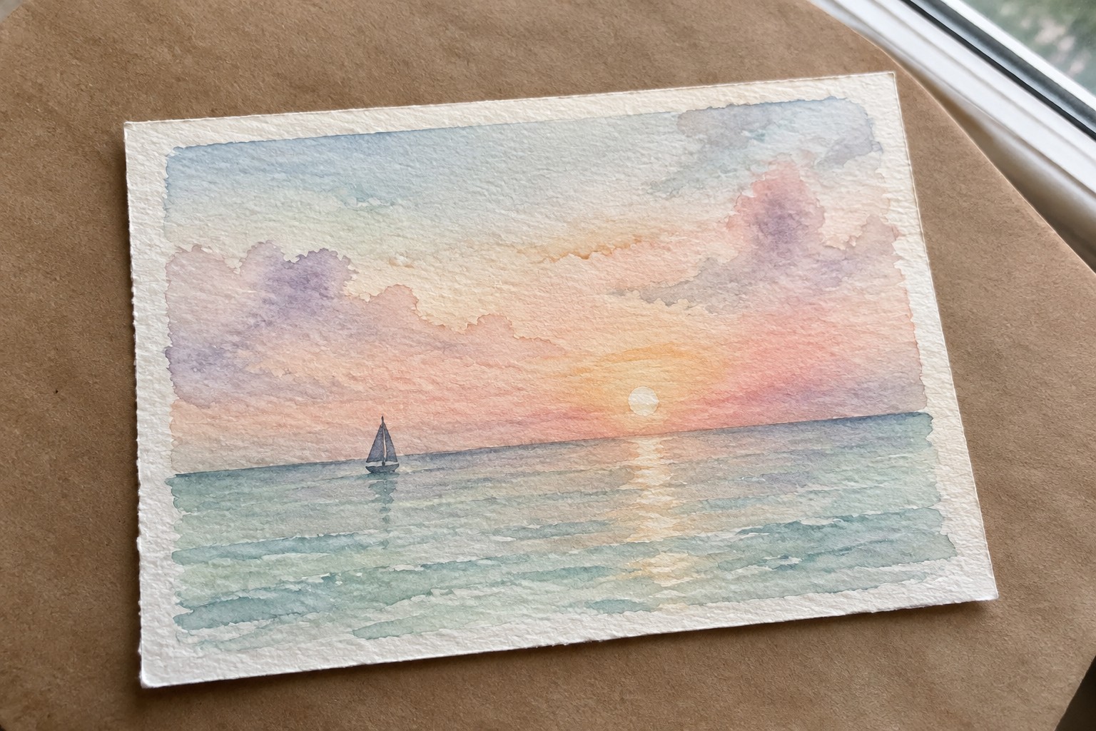 Watercolor sunset over ocean with sailboat and golden sun reflection on calm turquoise waves.