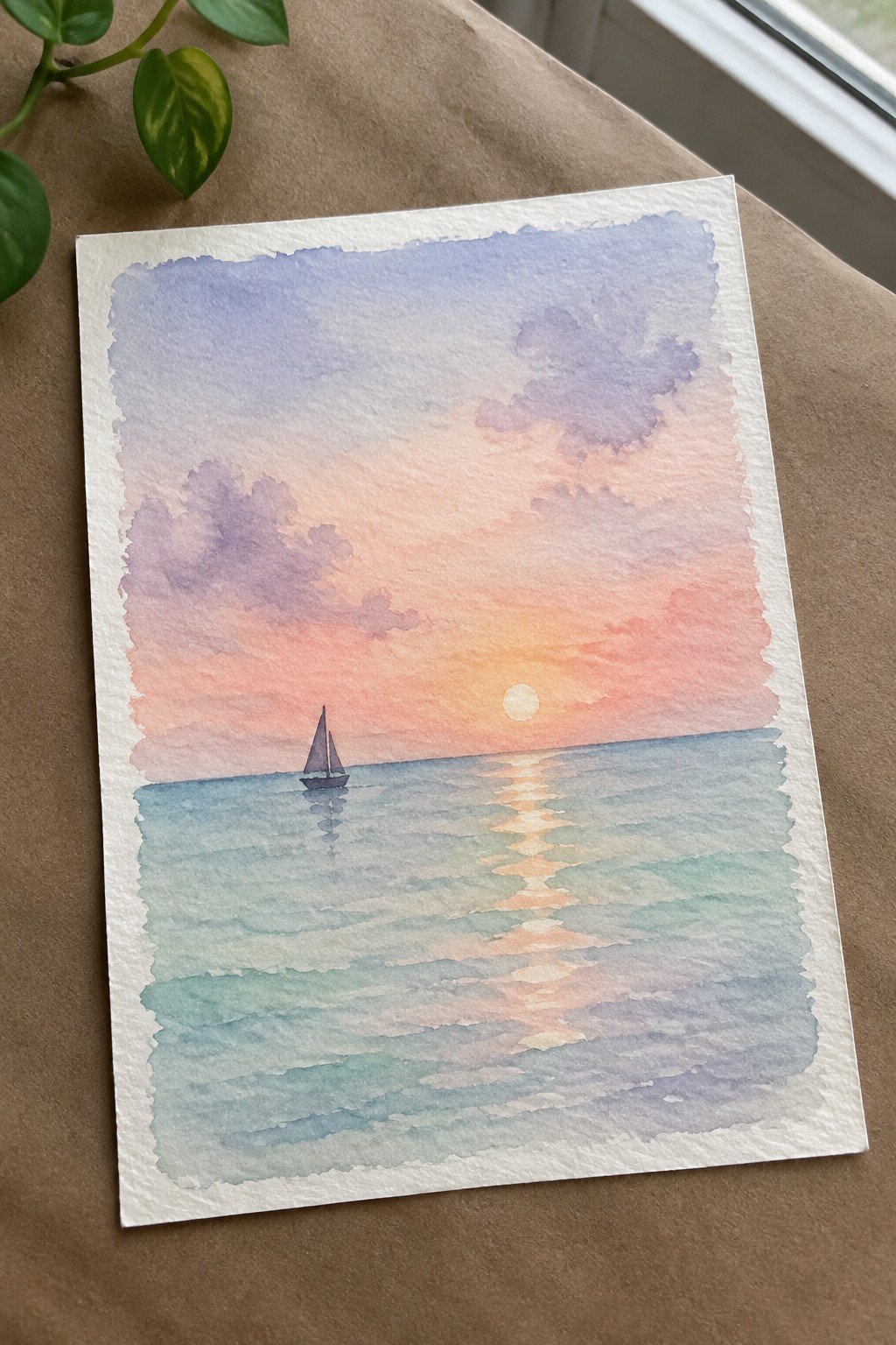 Watercolor sunset over ocean with sailboat and golden sun reflection on calm turquoise waves.