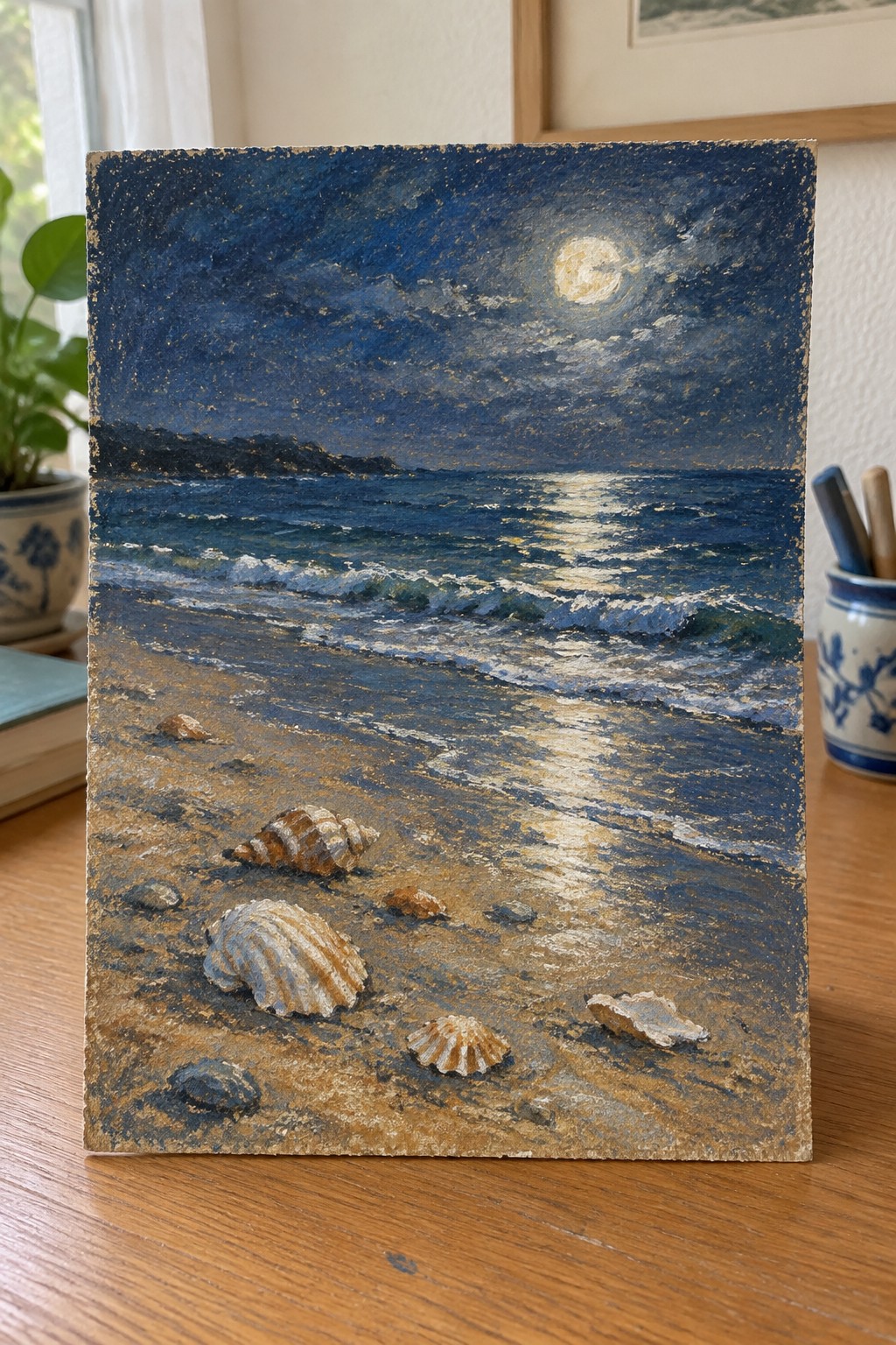 A small painting shows a moonlit night beach with waves reflecting light, dark sky, and seashells scattered on the sand.