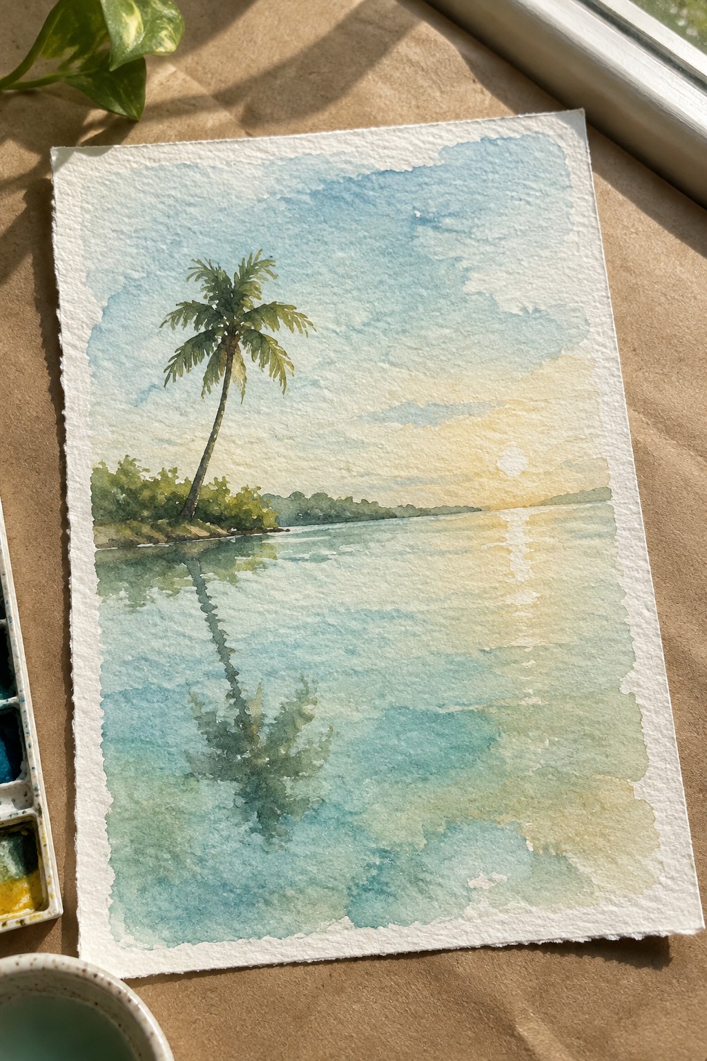 Watercolor of leaning palm tree reflecting in calm water at sunset with palette nearby
