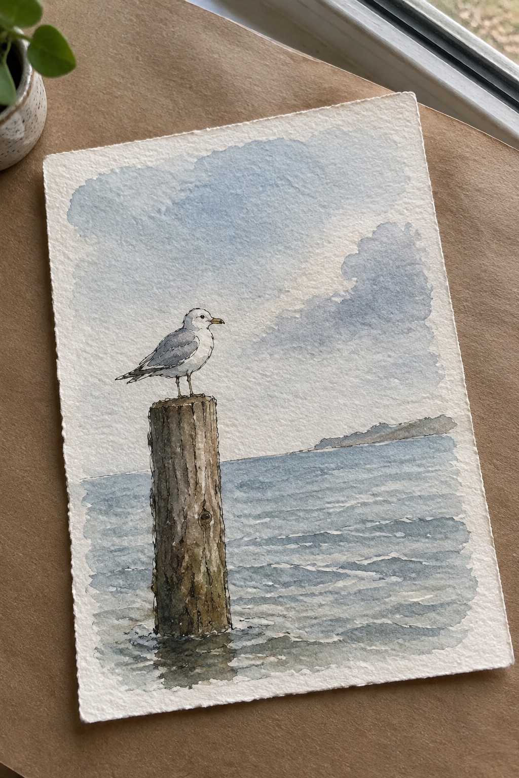 Watercolor painting of seagull on wooden post in blue rippling water under cloudy sky