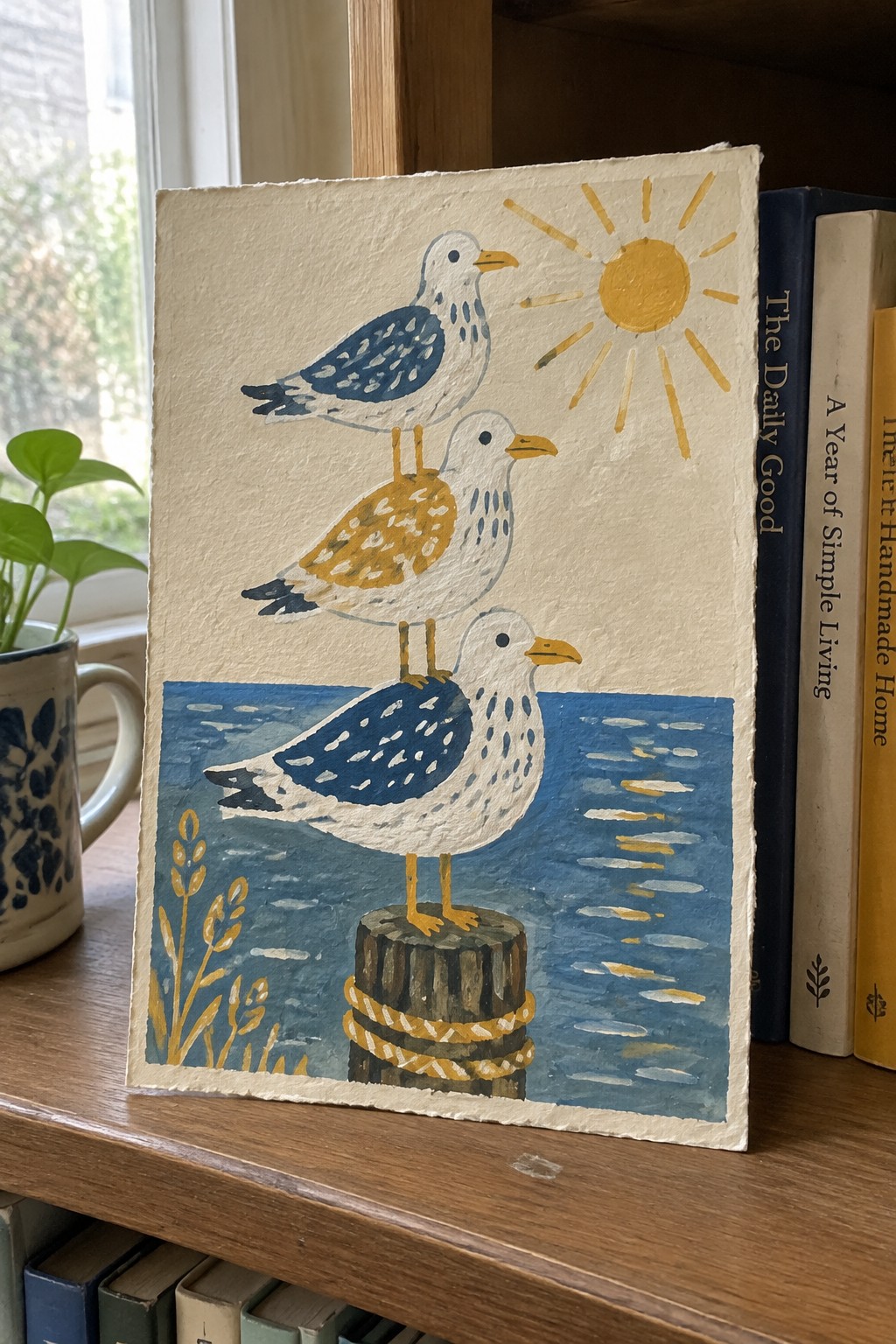 Folk-style painting of three stacked seagulls on a post in blue water under sun