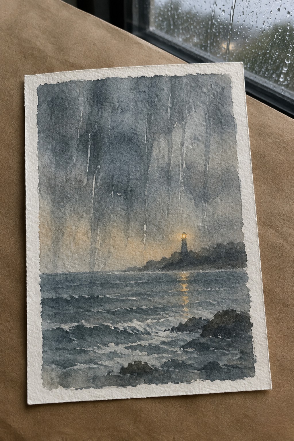 Watercolor of lighthouse glowing through rain over stormy dark waves at dusk