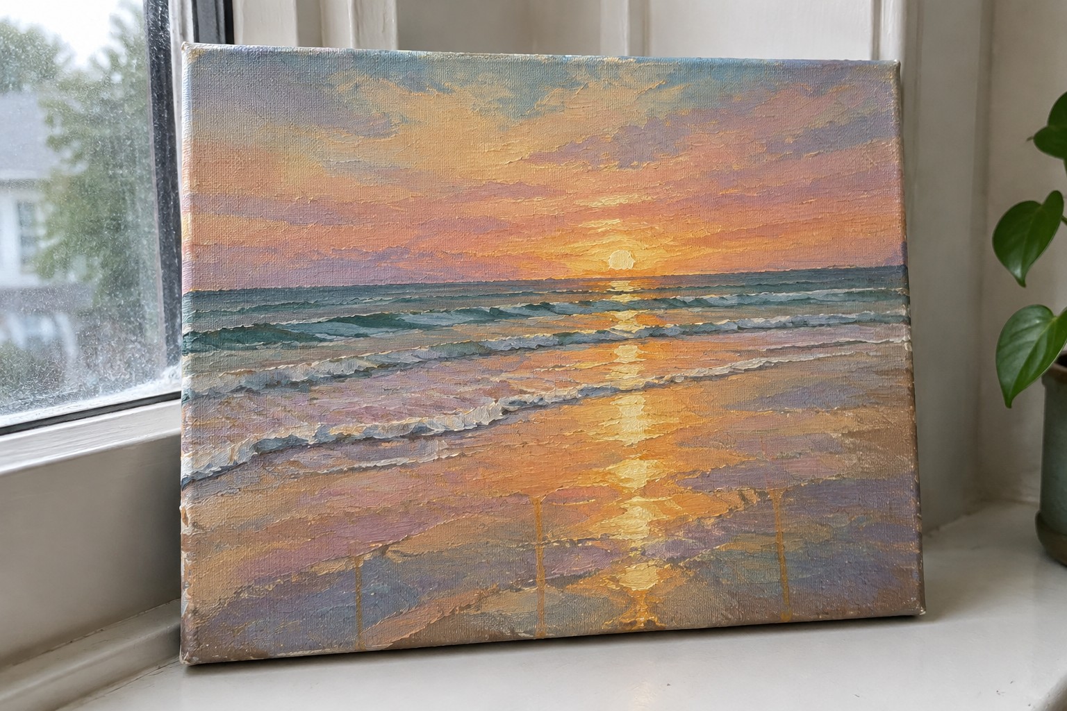 Textured sunset seascape painting on windowsill with potted plant and seashell nearby.