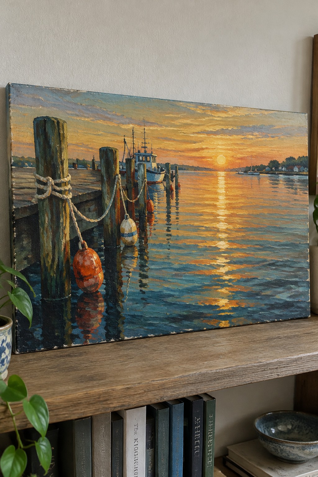 Sunset harbor painting with wooden dock, buoys, and boat on shelf above books