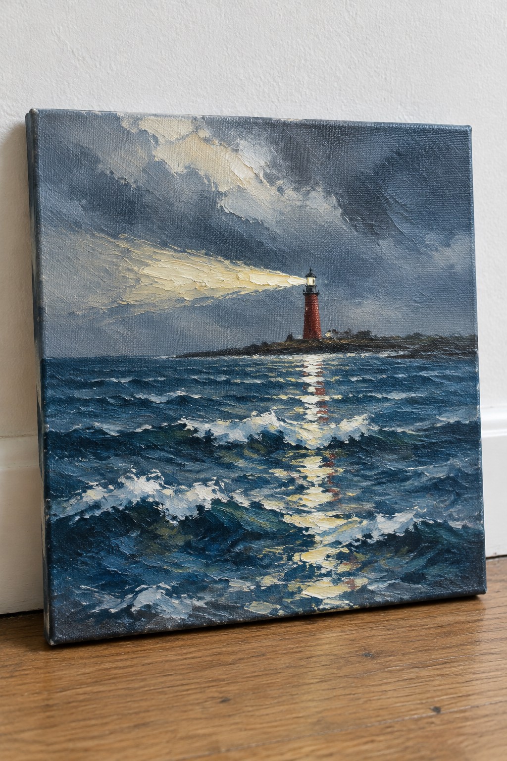 Red lighthouse casts bright beam over stormy blue waves in oil painting on canvas