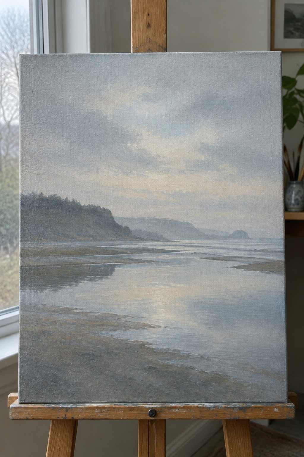 Landscape painting of misty sea and cliffs on wooden easel in studio