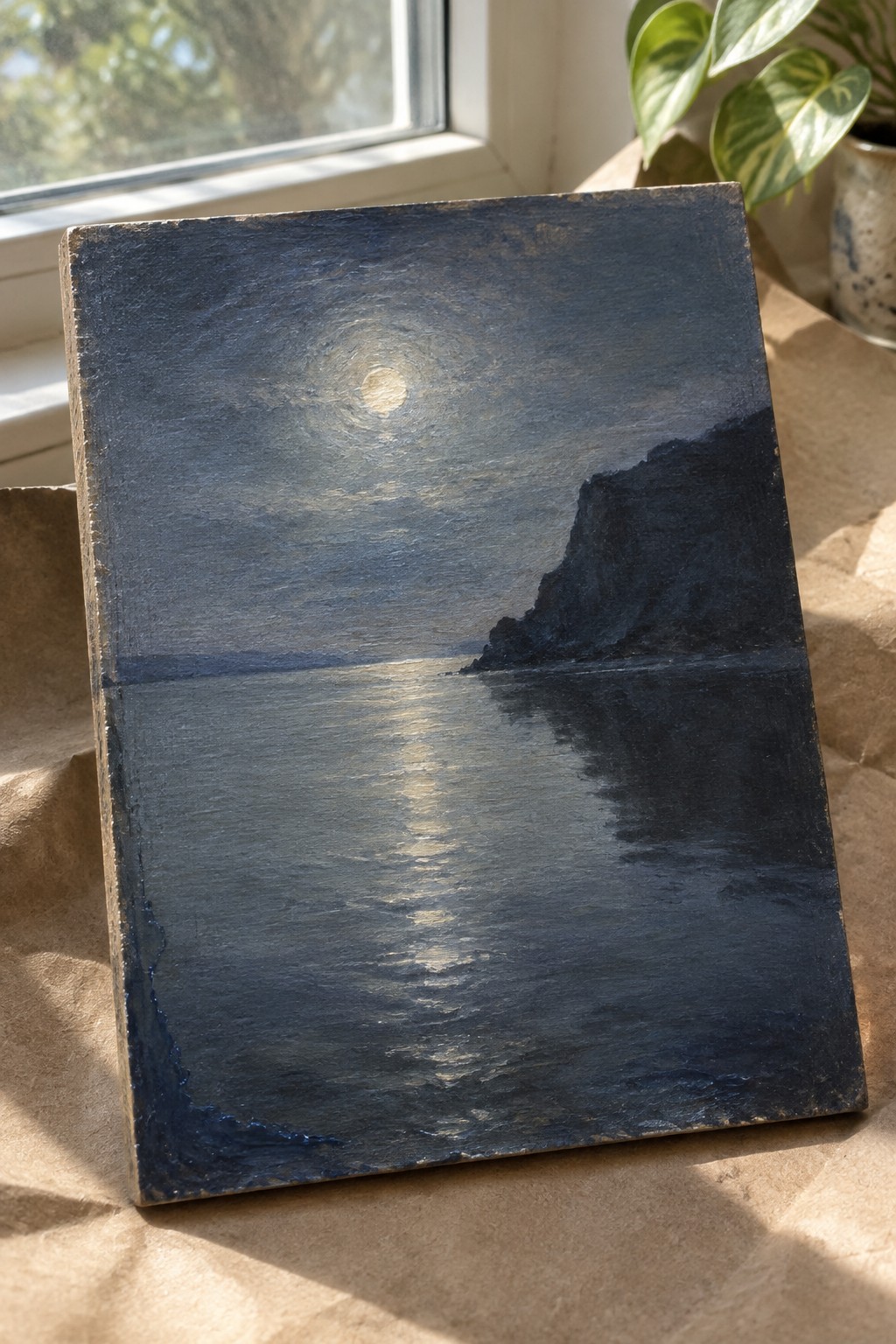 Moonlit ocean painting with glowing moon reflection and dark cliff on brown paper