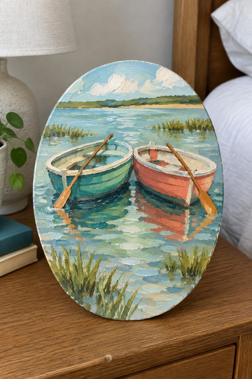 Oval painting of teal and red rowboats on calm reflective water.