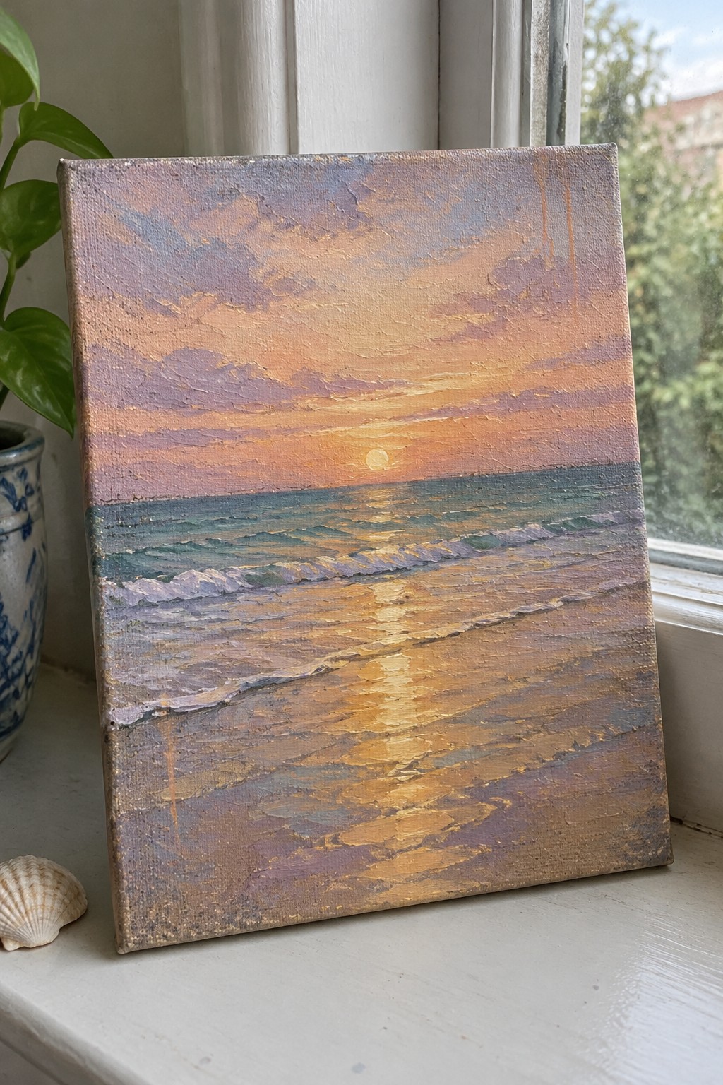 Textured sunset seascape painting on windowsill with potted plant and seashell nearby.